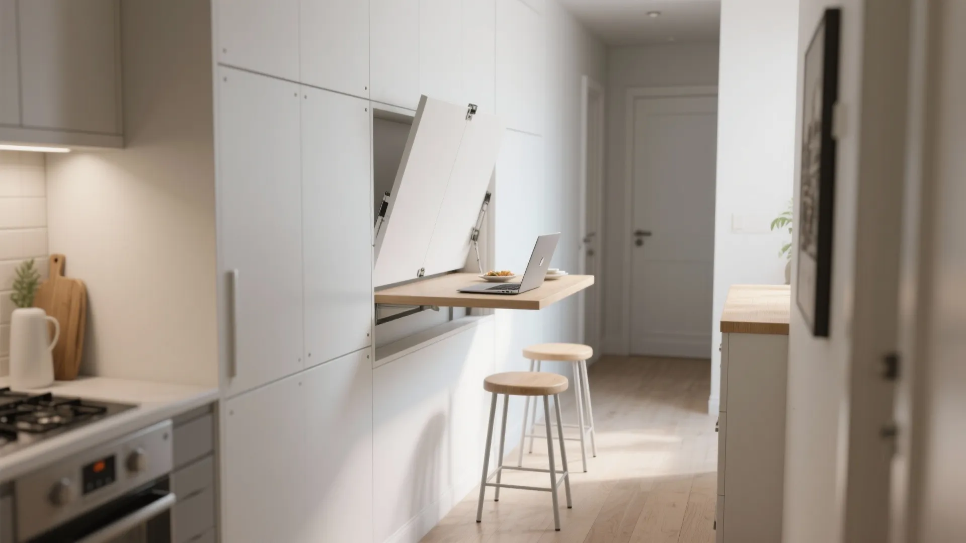Modern white kitchen featuring a fold down wall table with laptop and two wooden stools
