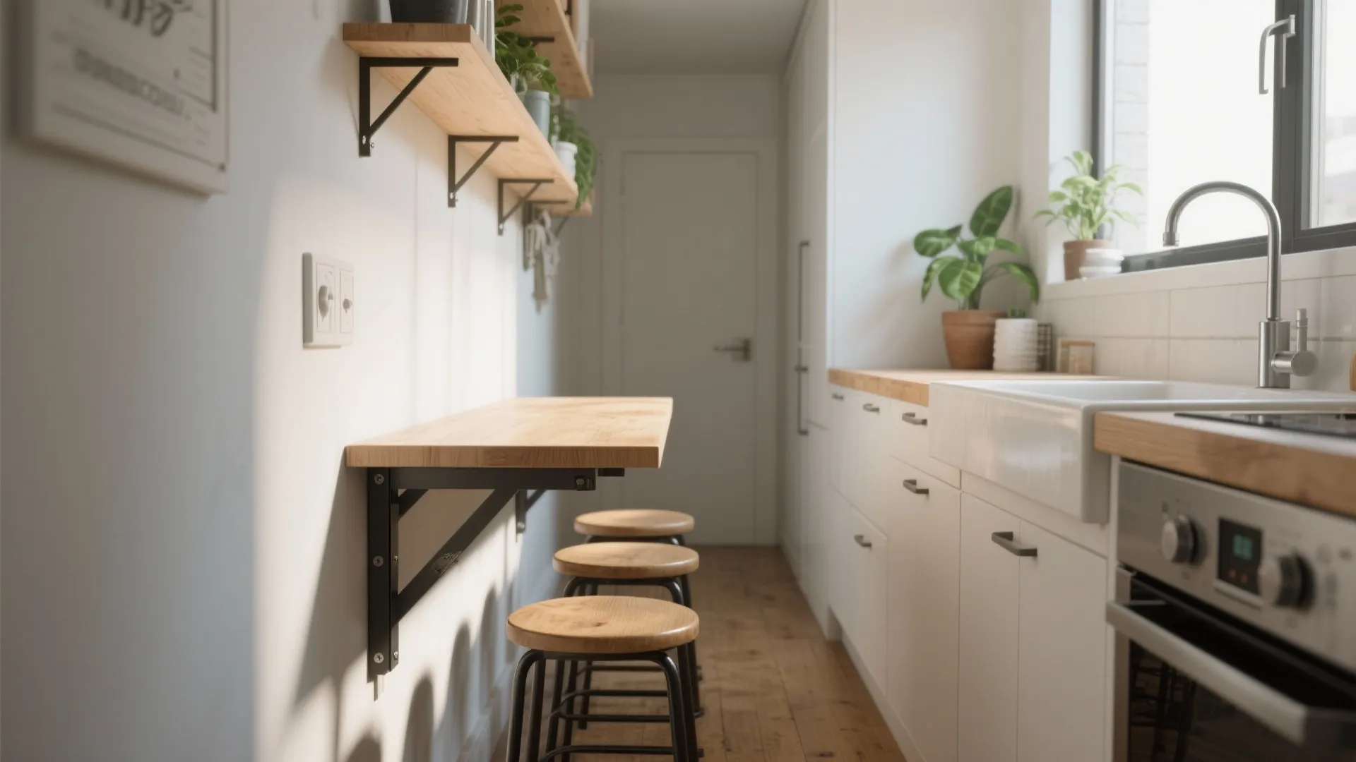 2. Wall-mounted fold-down tables with stacked stools