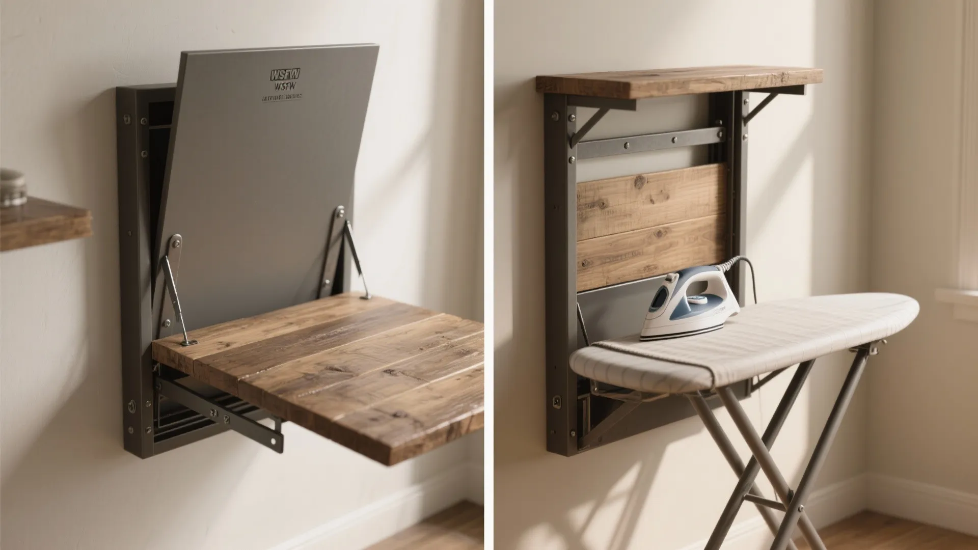 Wall mounted folding wooden table and ironing board set showing space saving laundry room design
