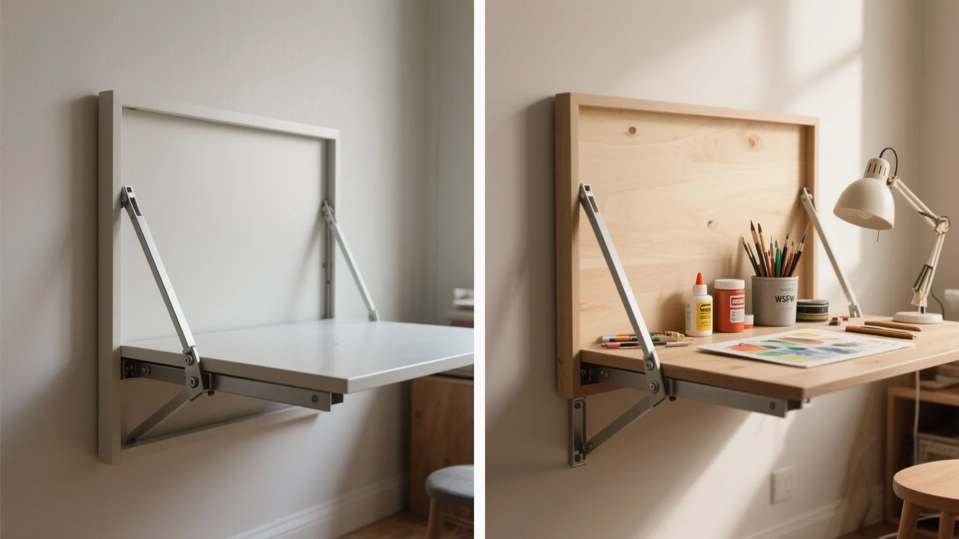 Before and after comparison of a white wall table and a wooden fold down desk