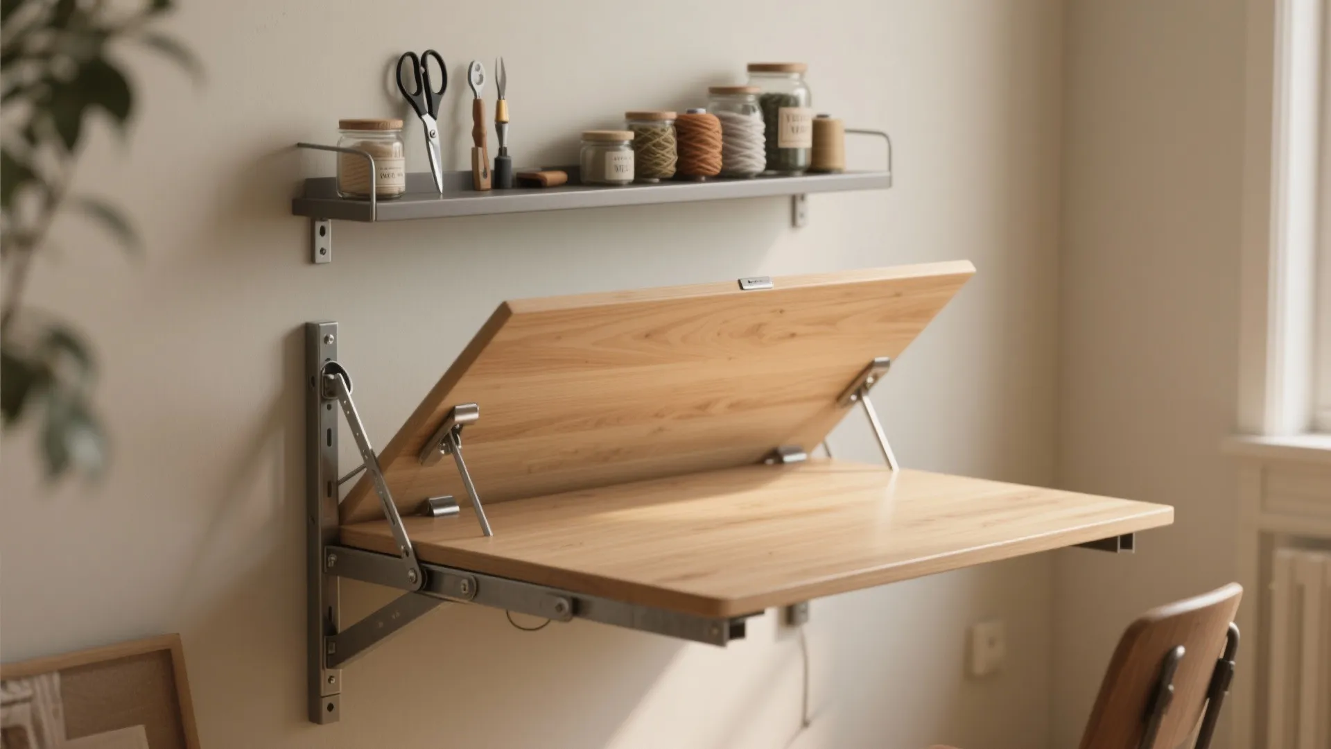 Wall mounted folding wood table showing metal brackets with small shelf holding jars and tools above