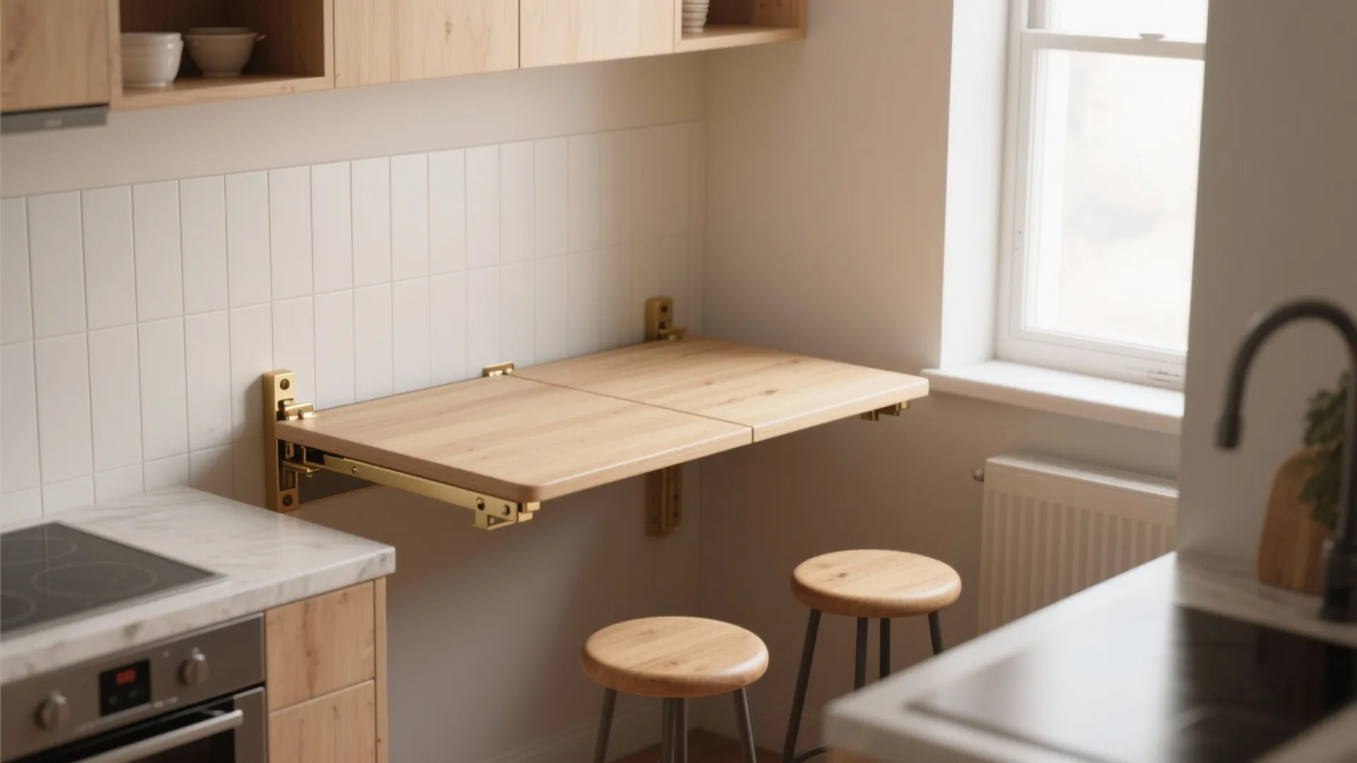 Wall mounted fold down wood table with gold brackets and two stools in small kitchen