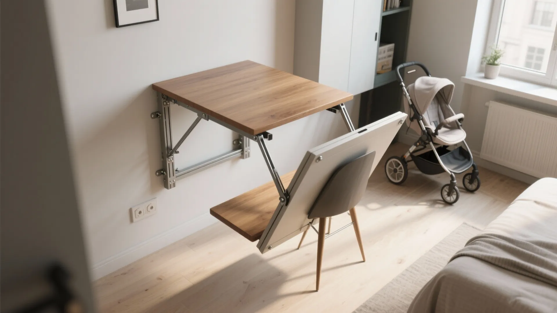 Top-down view of a wall-mounted fold-down dining table in a micro-apartment, shown folded and extended.