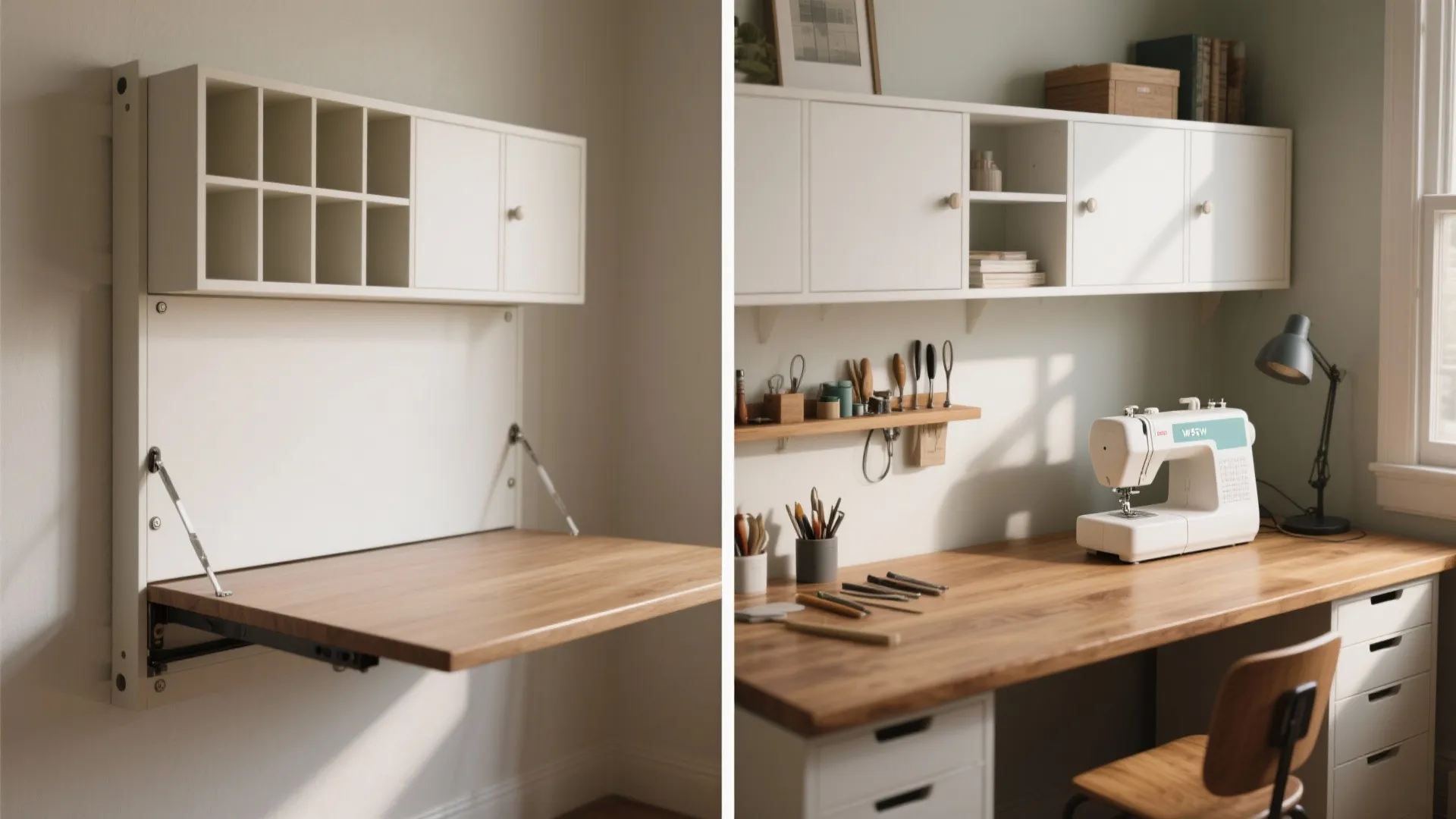 White wall mounted fold down table showing a wooden surface with a sewing machine setup