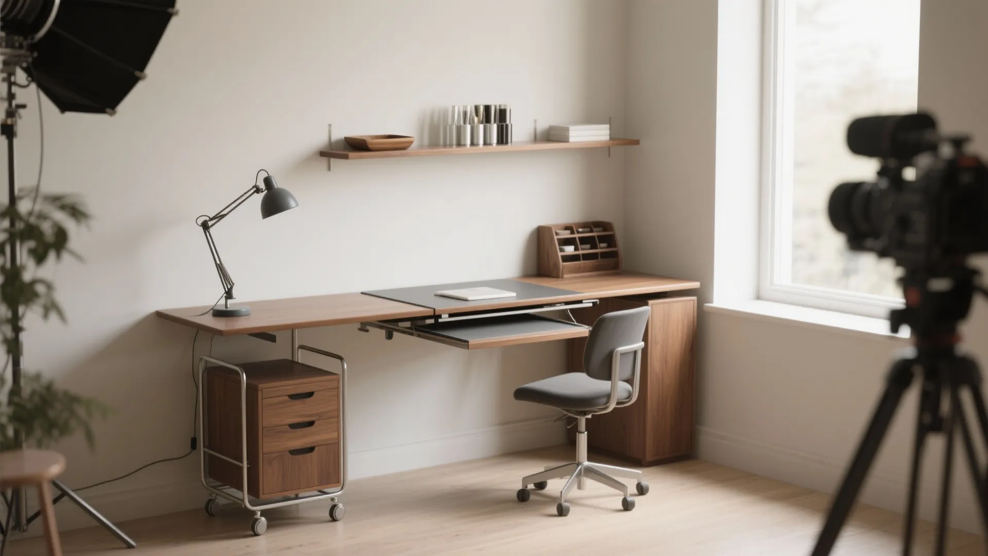Modern wooden home office desk with grey chair desk lamp wall shelf and studio camera
