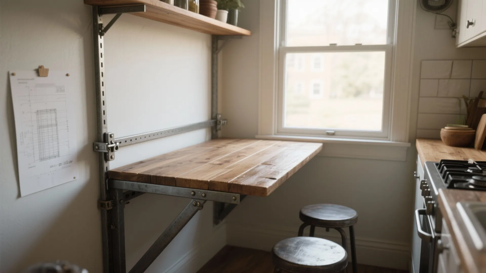 Wall mounted wooden folding table in a kitchen area with two small stools and window