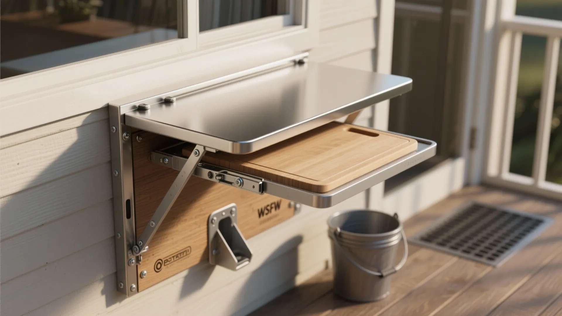 Wall-mounted fold-down fillet table with removable cutting board and sloped drain on a covered porch.
