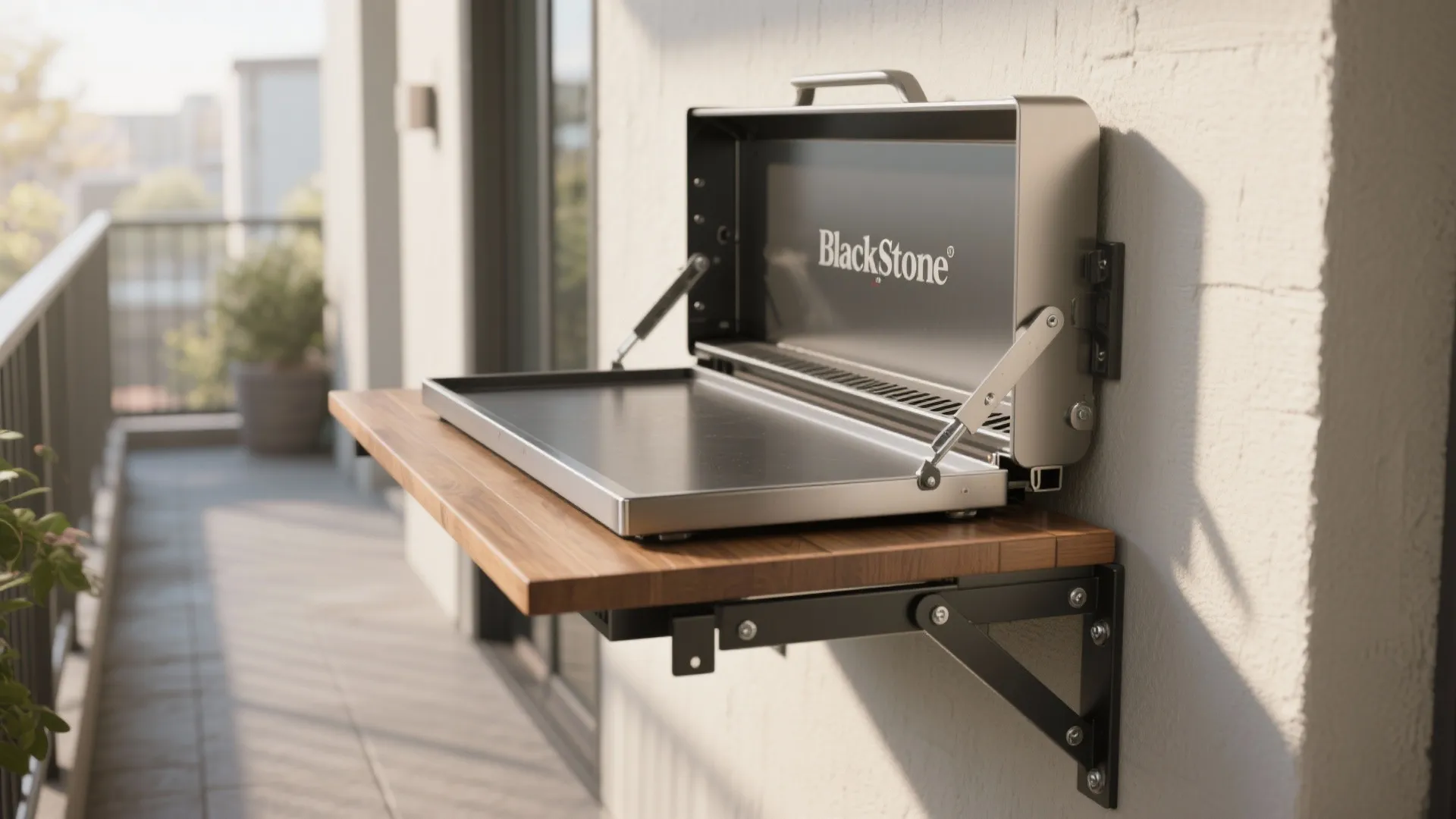 Outdoor wall mounted folding wooden table holding a portable black griddle on a sunny balcony