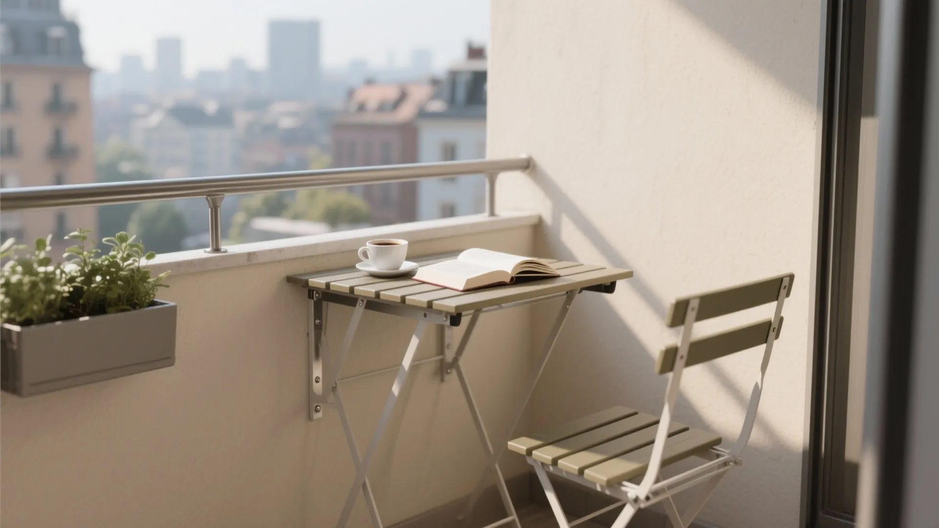 Small balcony with a wall mounted folding table featuring a coffee cup and open book
