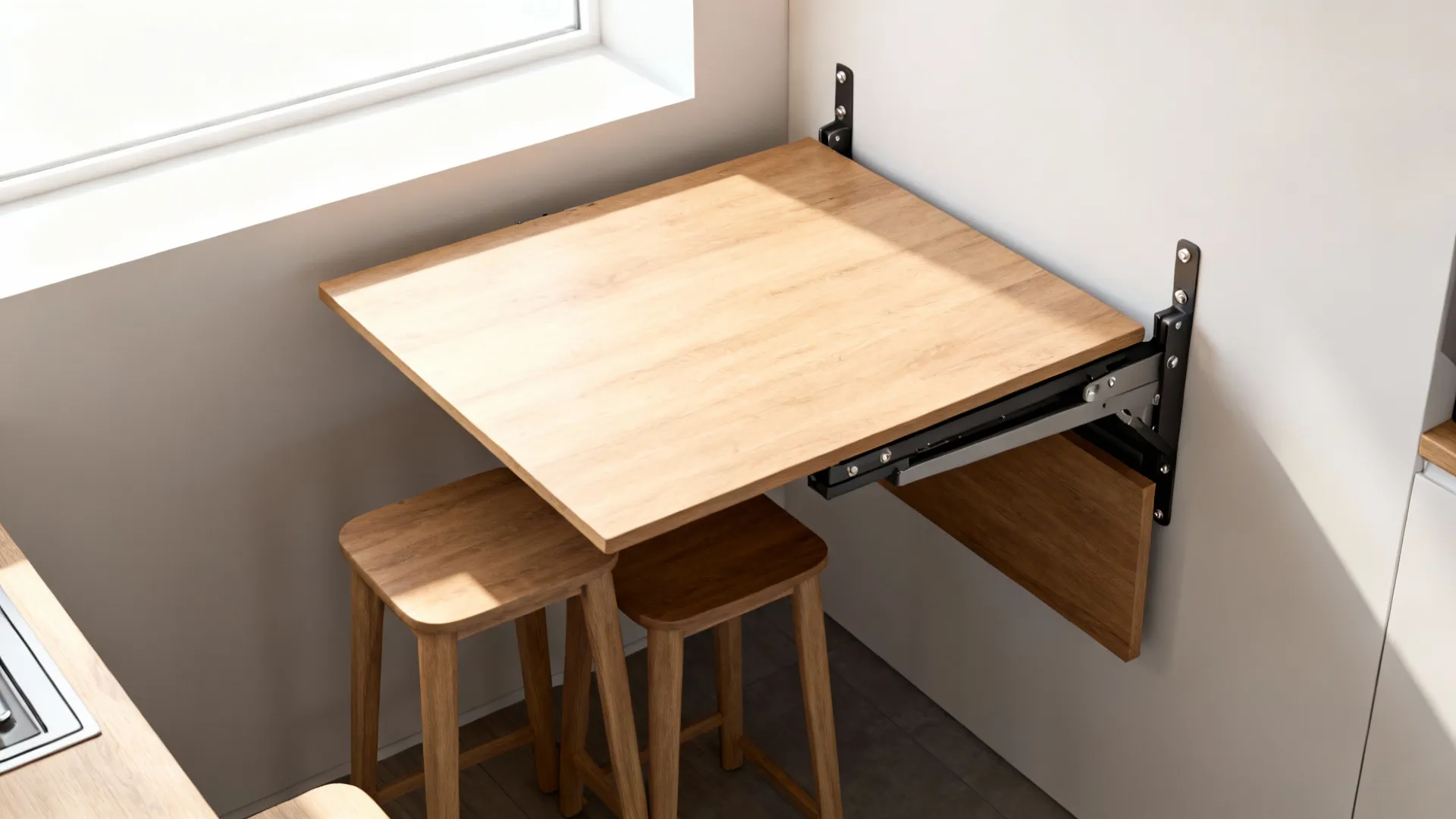 Wall-mounted fold-down table deployed in a small living space with stools tucked away