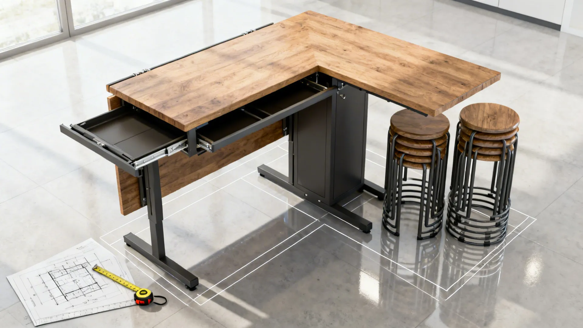 Wood l-shaped desk with open drawers next to stacked stools and an interior design drawing