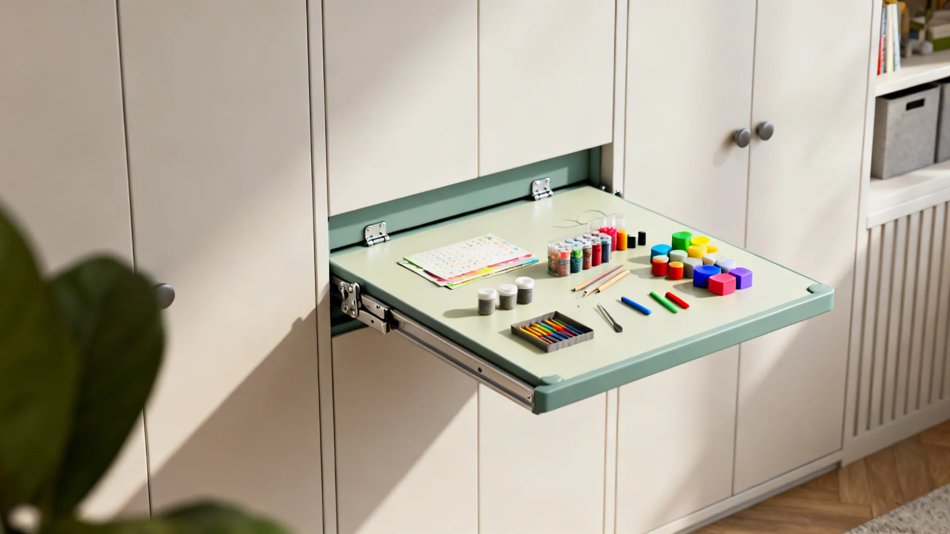 Fold-down play table being pulled out of a shallow cabinet with craft supplies on top.