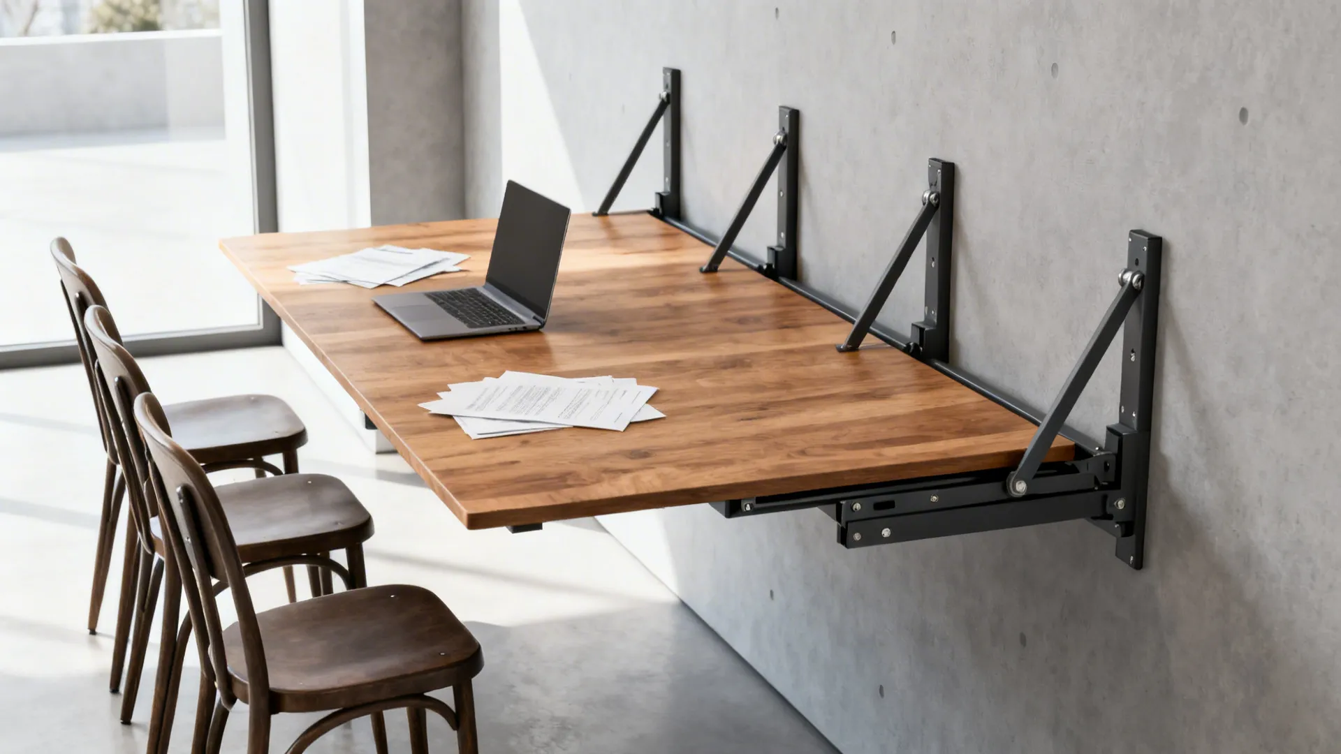 Wall mounted folding wooden desk with laptop and papers next to three simple wooden chairs