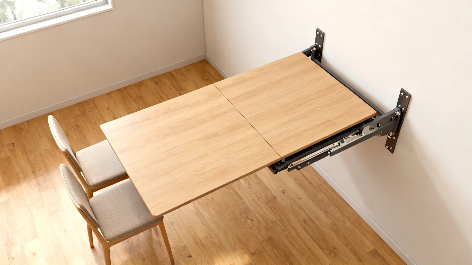 Top-down view of a fold-down wall table folded and extended with two chairs tucked beneath