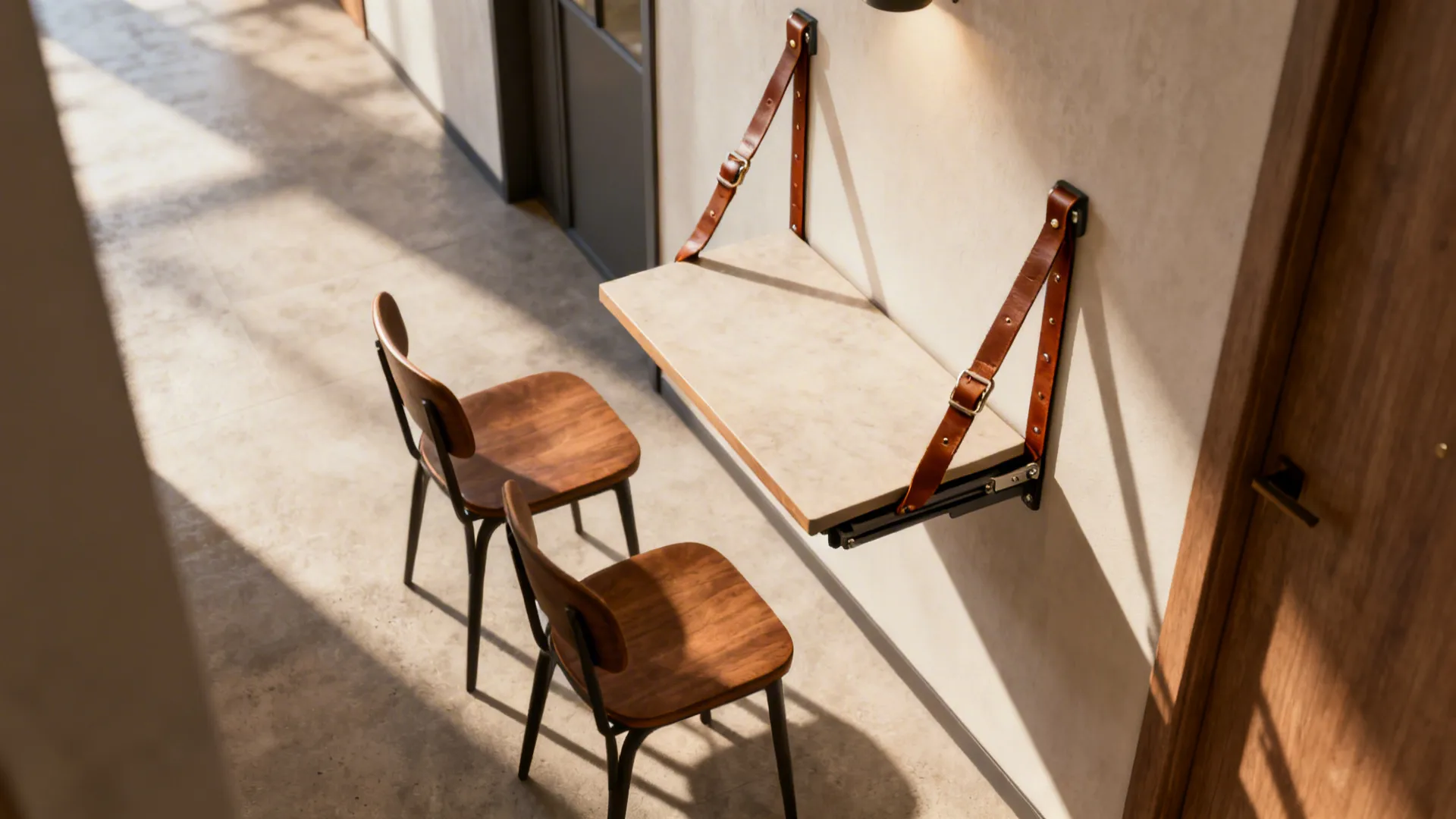 Wall-mounted fold-down table with leather strap between two chairs in a compact hallway