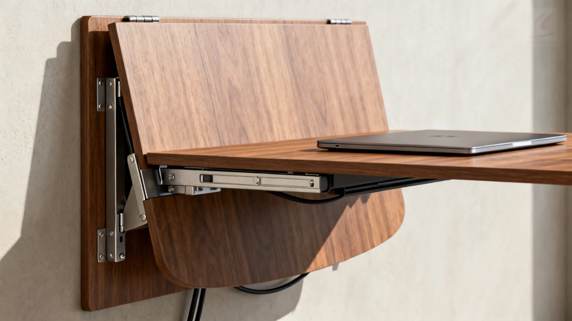 Wall-mounted fold-down dining table with soft-close hinges and a slim cantilever desk with cable channel.