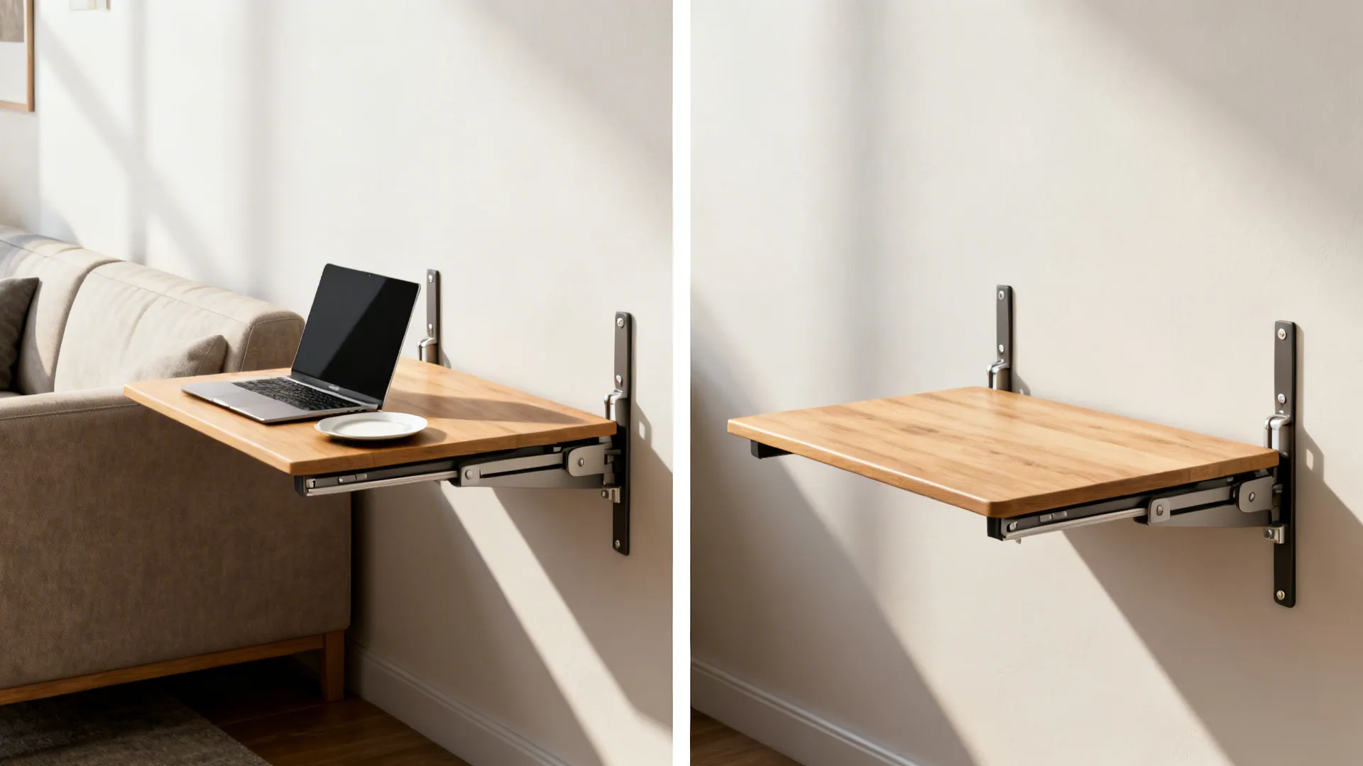 Wall-mounted fold-down table beside a sofa shown folded down with a laptop and folded flat against the wall.