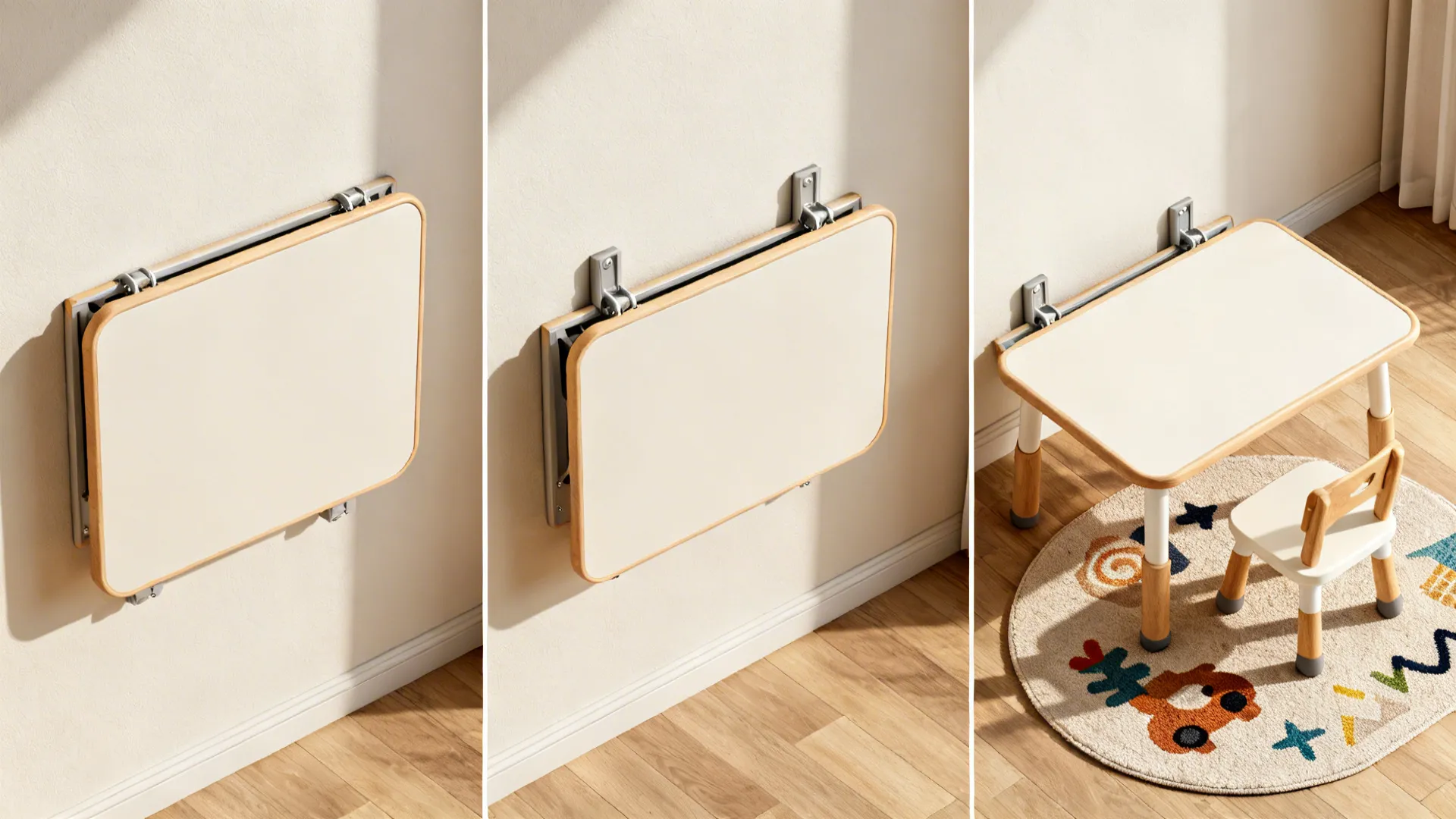 Wall-mounted fold-down play table shown folded and opened with safety stops