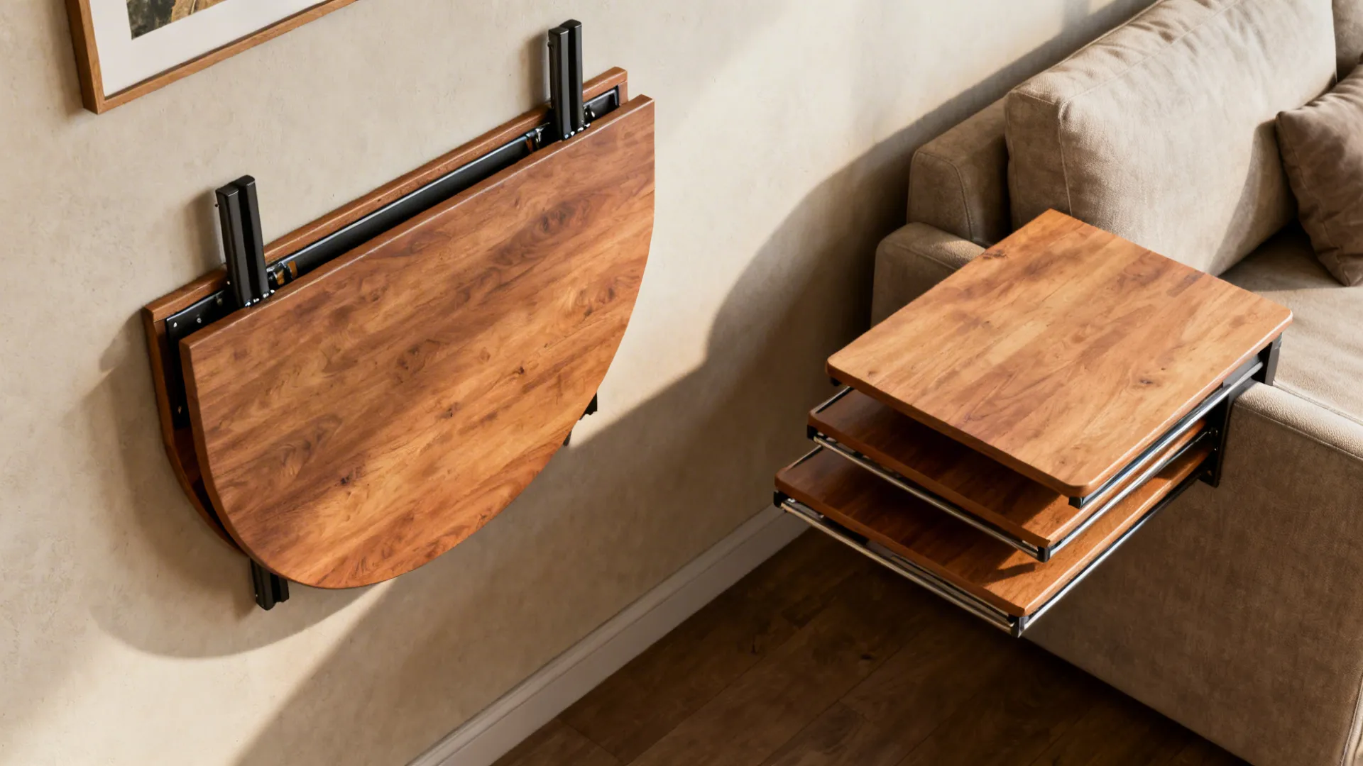 Fold-down wall table folded flat as wall art and nesting tables beside a sofa