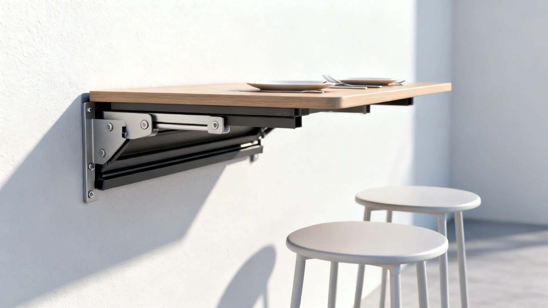 Fold-down wall table deployed with two stools and visible sturdy hinge hardware.