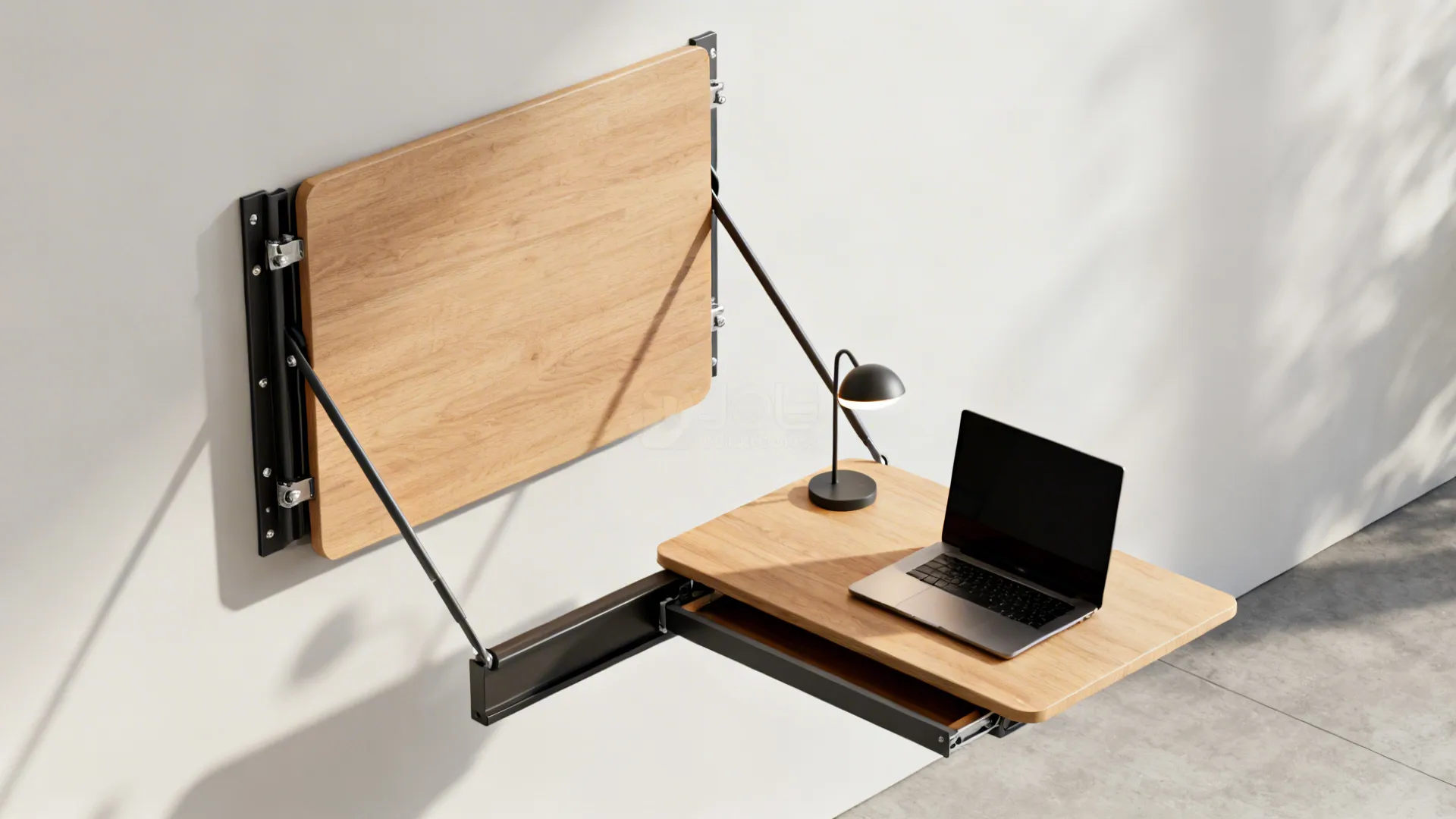 Fold-down wall table shown both folded and open as a desk, with lamp and laptop when in use.