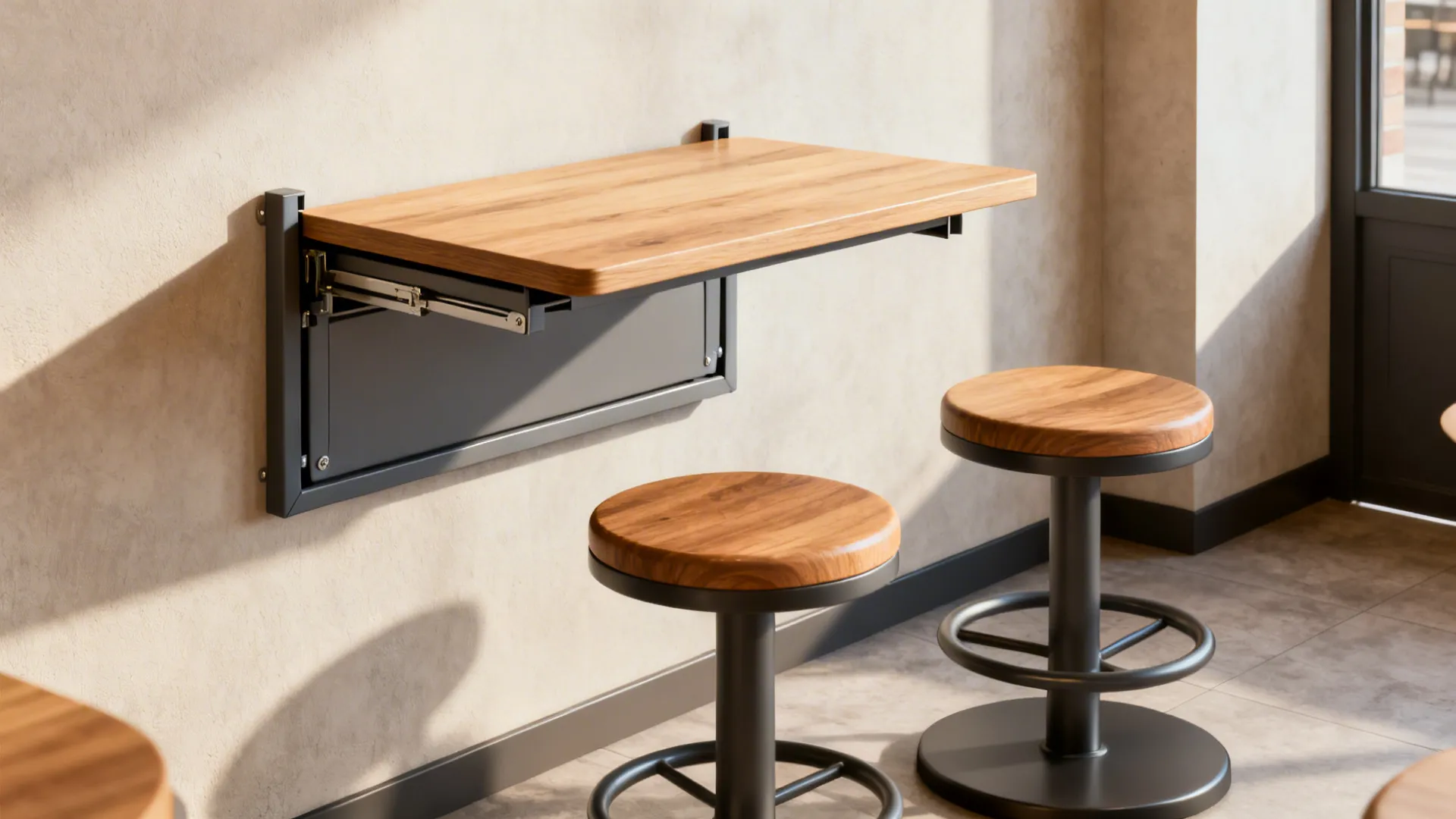 Modern wall mounted wooden folding table with two round bar stools in a bright sunlit room