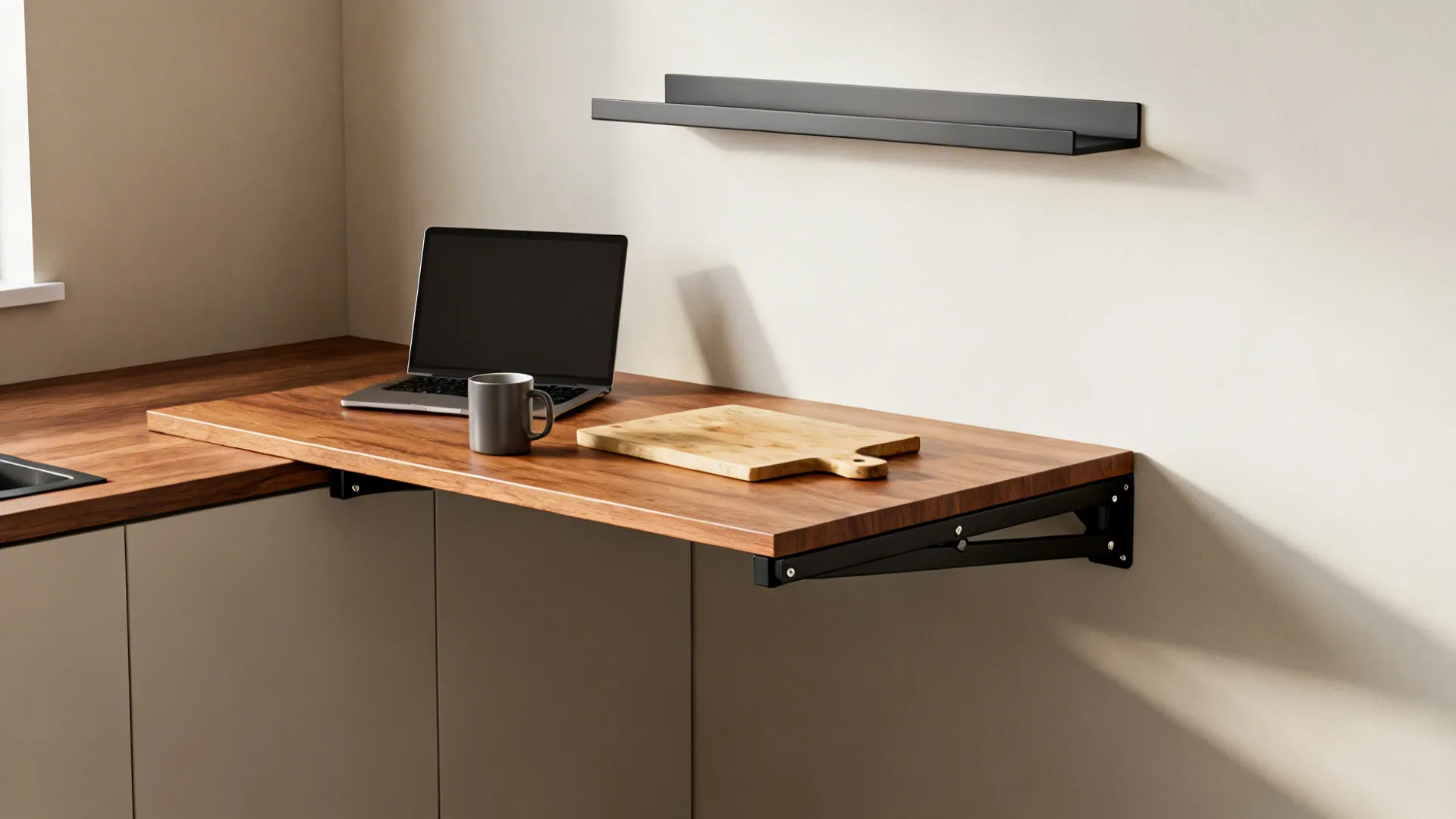 Fold-down wall table in sealed oak with matte black brackets in a compact kitchen corner.