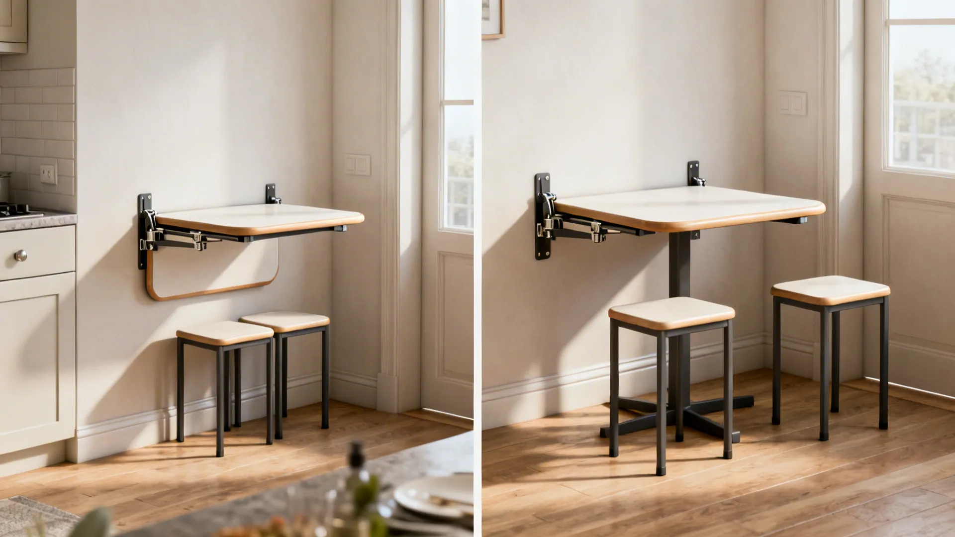 Fold-down wall table shown stowed and open with two nesting stools in a small kitchen.