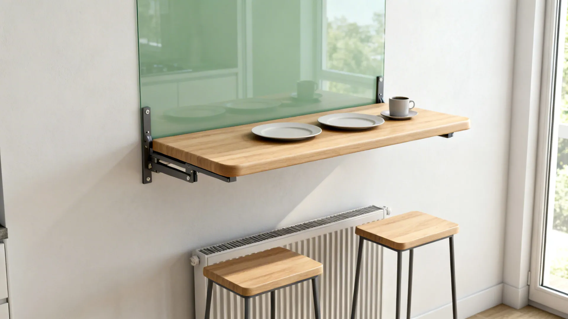Fold-down wall table with slim stools in a bright compact kitchen and a reflective glass backsplash.