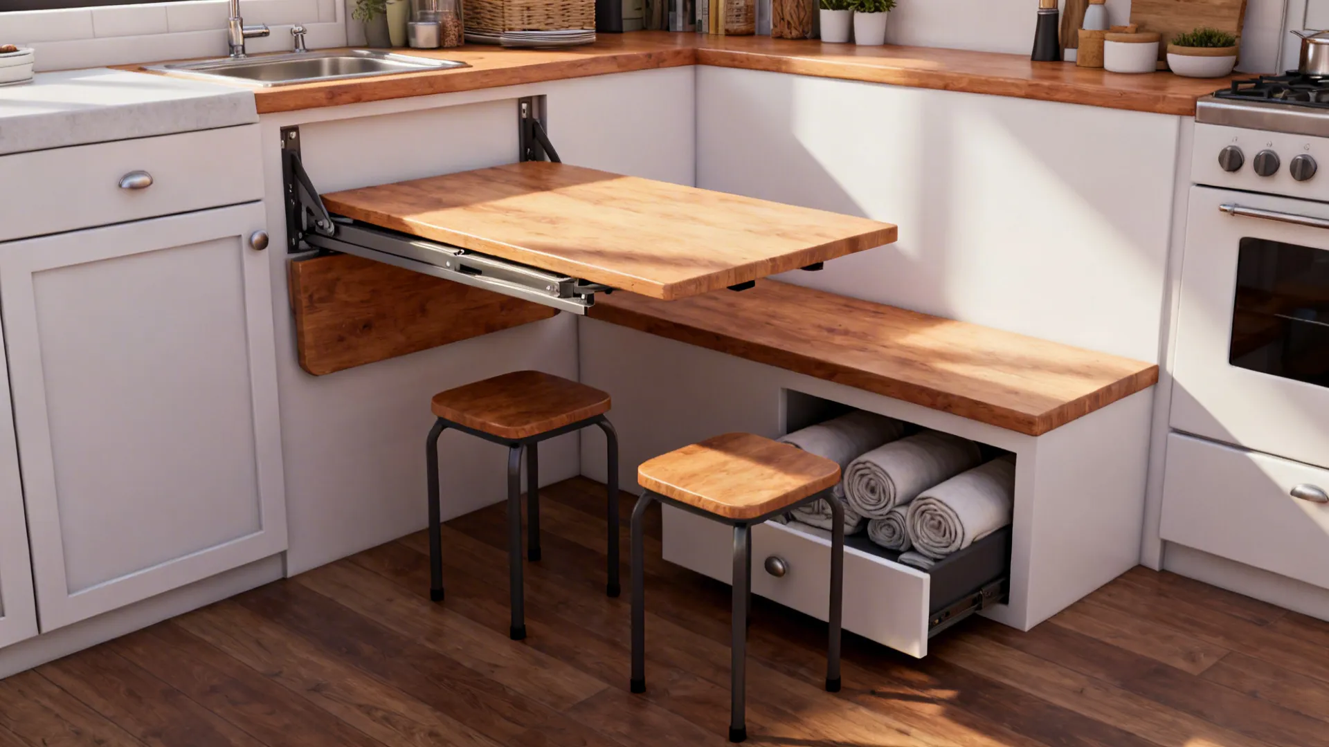 Fold-down wall table with hidden seating and storage bench