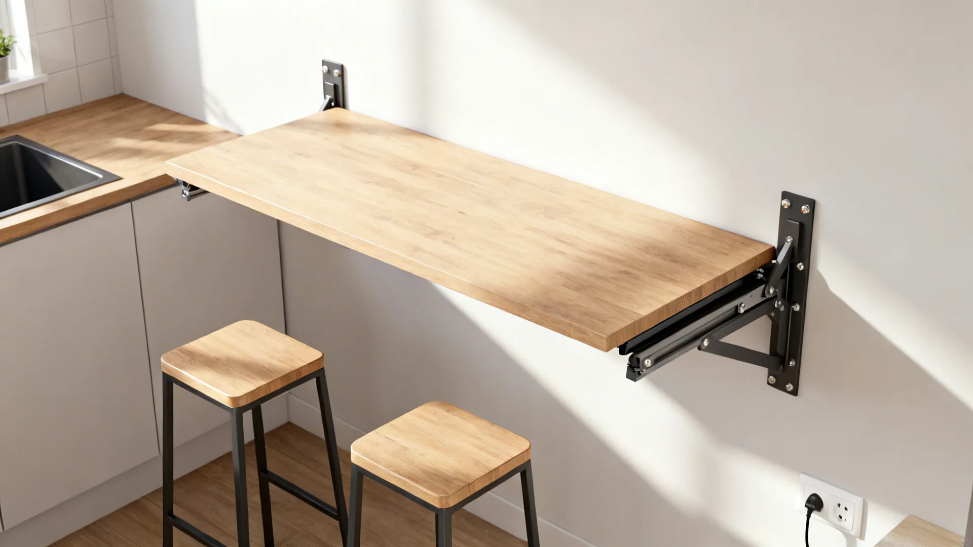 Top-down view of a narrow wall-mounted fold-down table used for dining and workspace