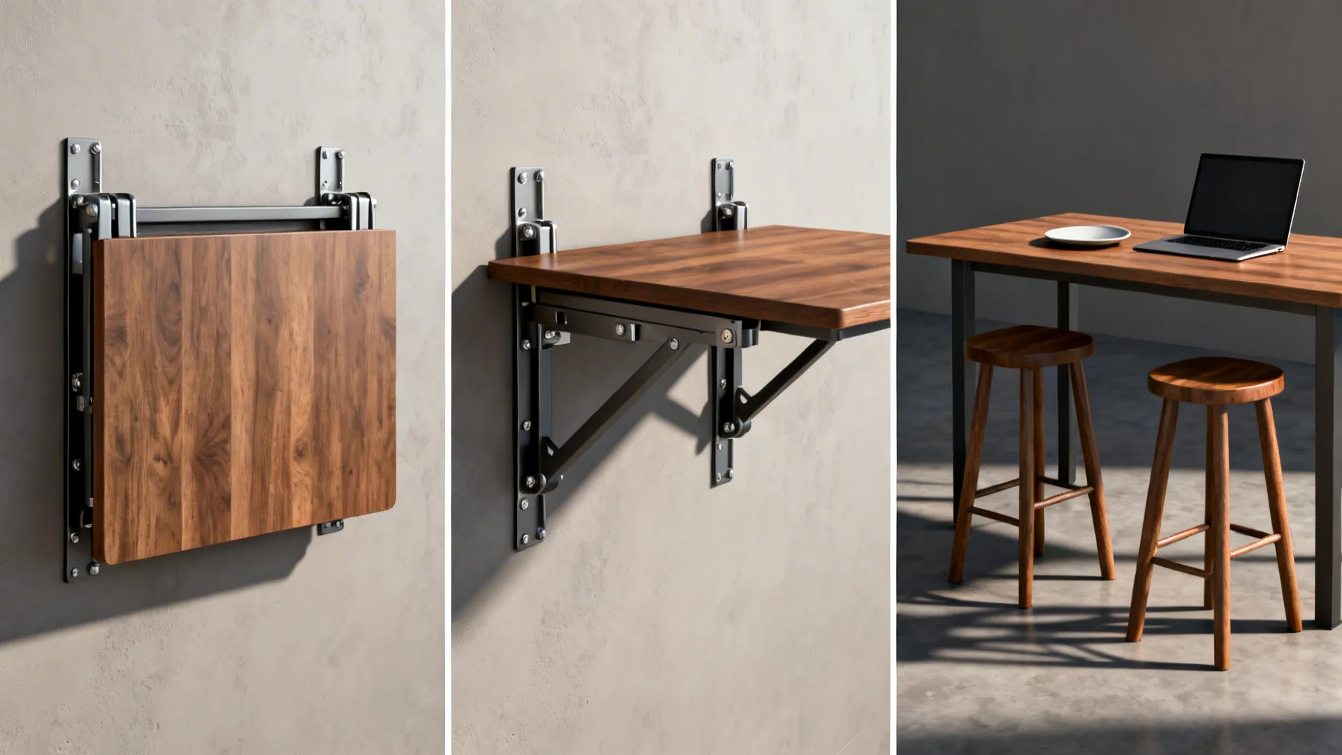 Three steps showing a wall mounted wooden table unfolding into a workspace with two stools
