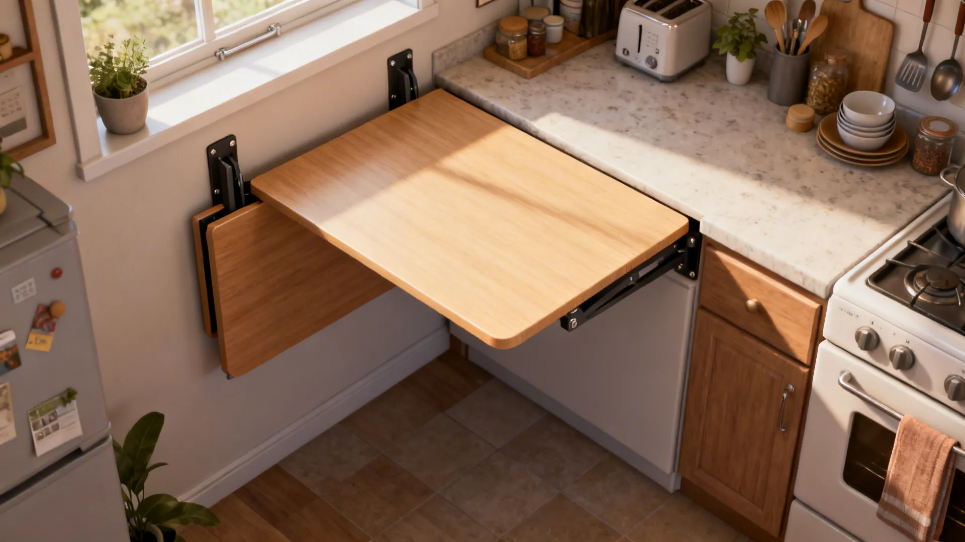 Top-down view of a fold-down table extended in a small kitchen providing seating for two