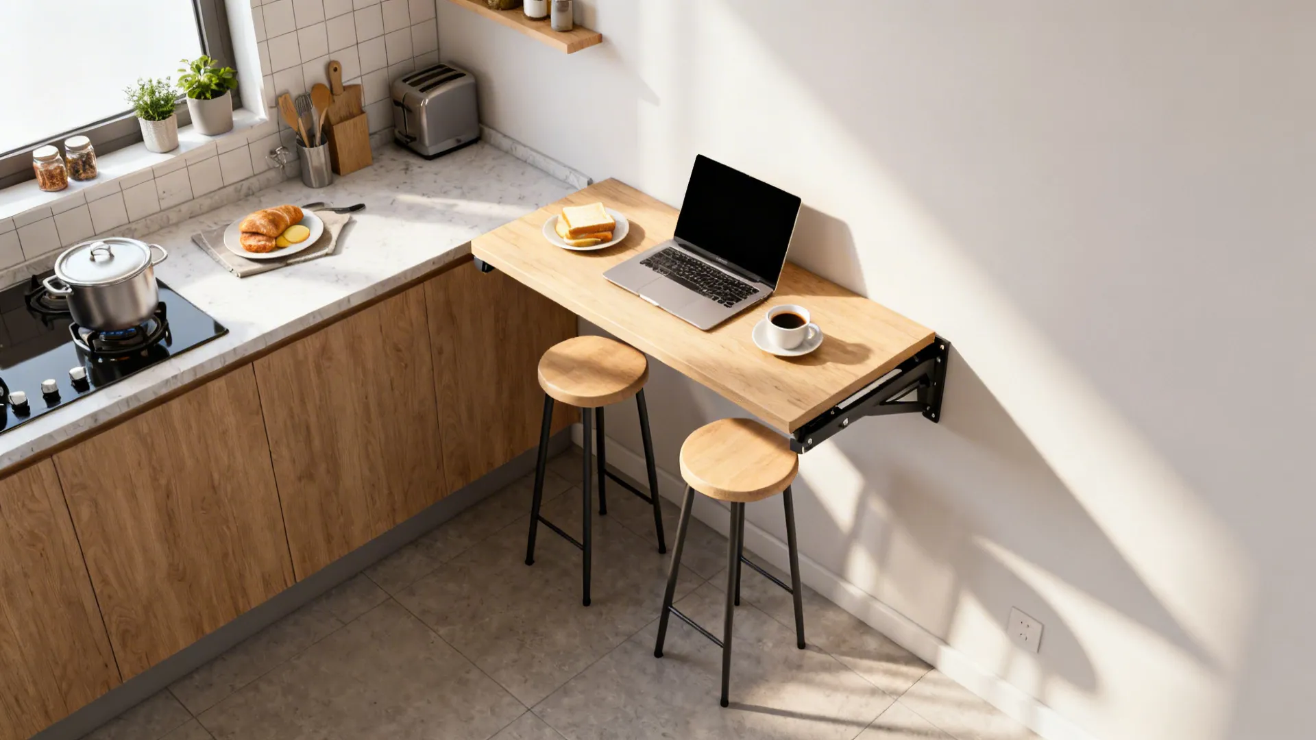 Top-down view of a fold-down wall table used for dining and workspace in a small kitchen.