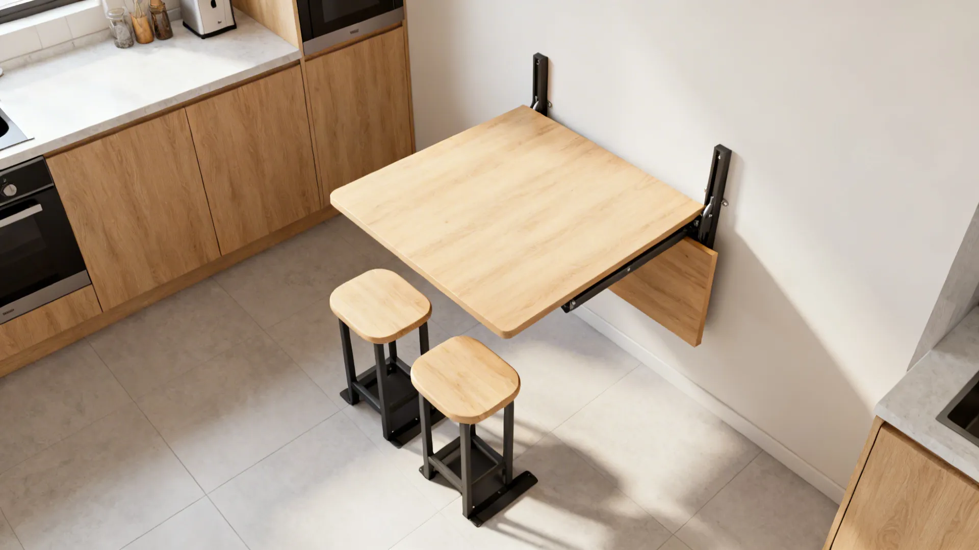 Wall mounted wood folding table and two matching stools in a small modern kitchen corner