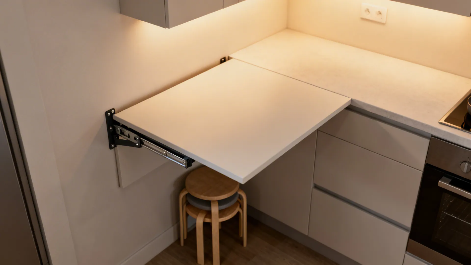 Wall-mounted fold-down table partially extended in a small kitchen, showing storage of stools underneath.