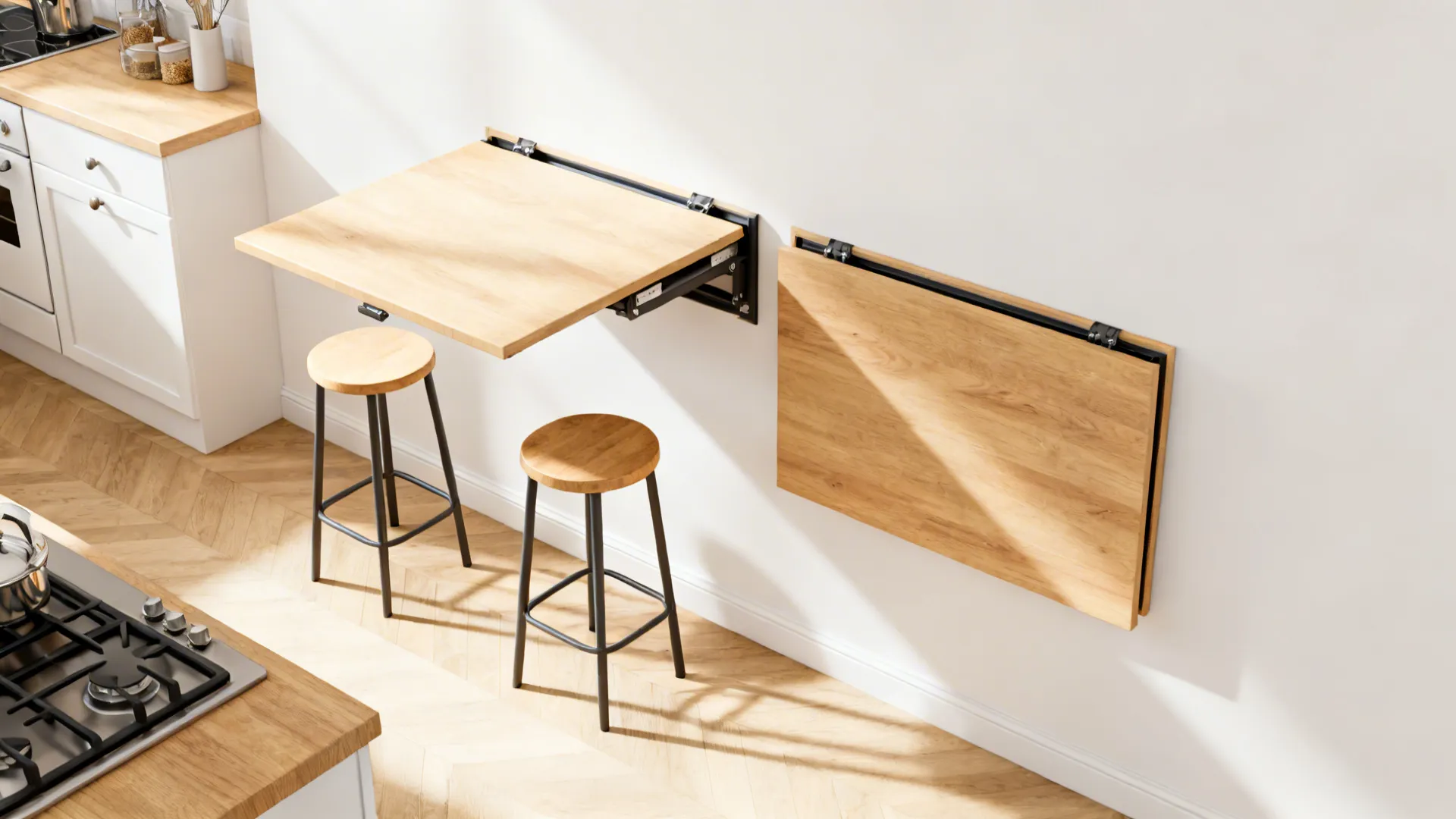Fold-down wall table in use and folded up to save space in a small kitchen.