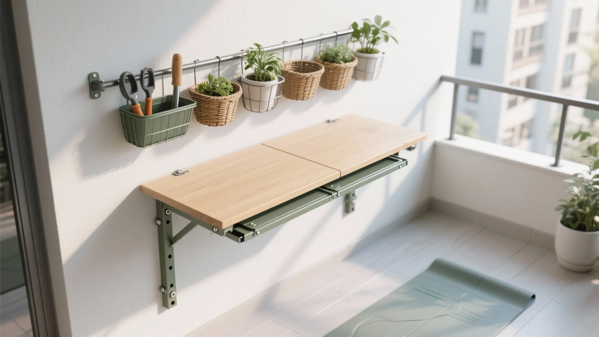 Fold-down tables and rail-hung baskets