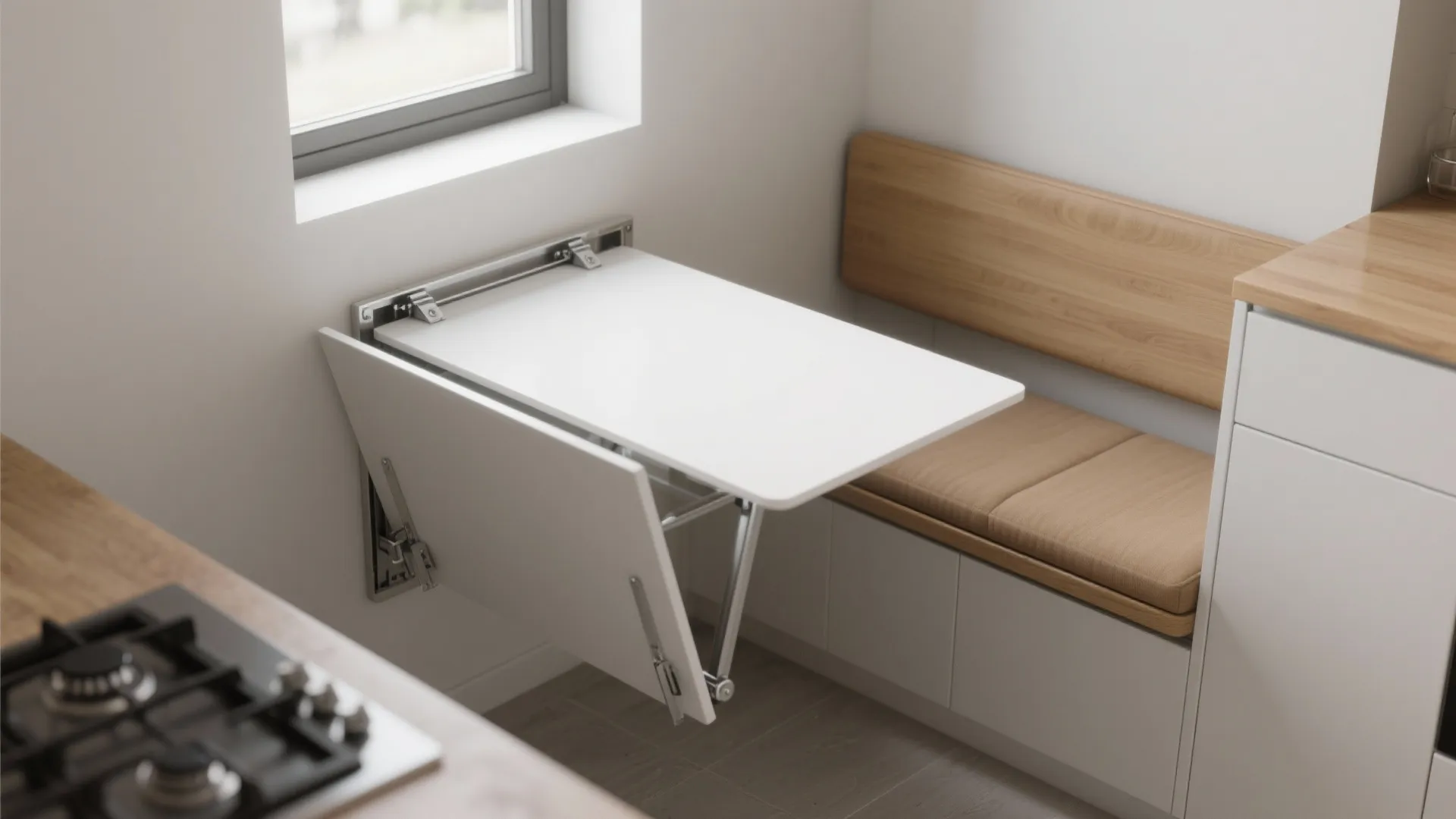 Space saving white wall mounted folding table next to a wooden bench in small kitchen