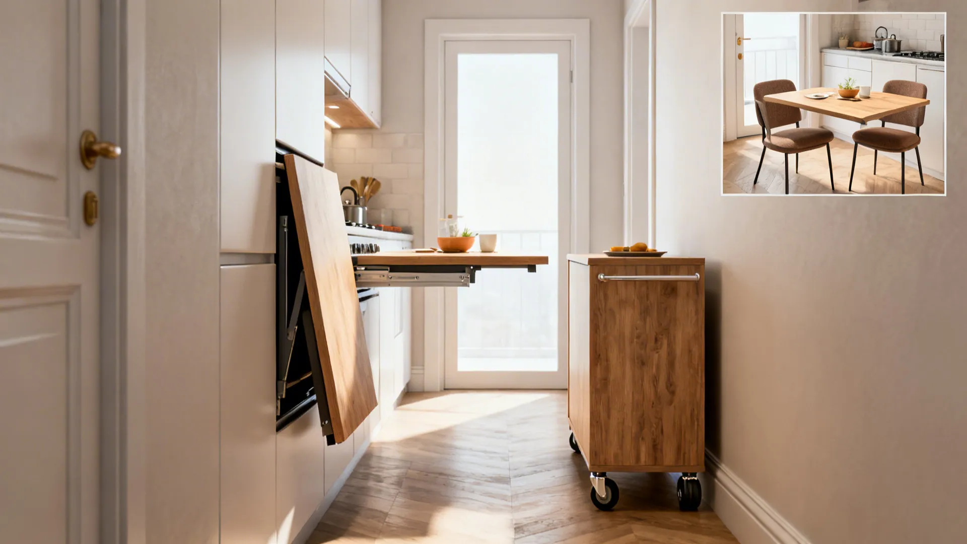 Small kitchen with a folded-down wall table and a narrow mobile island demonstrating flexible dining and prep options.