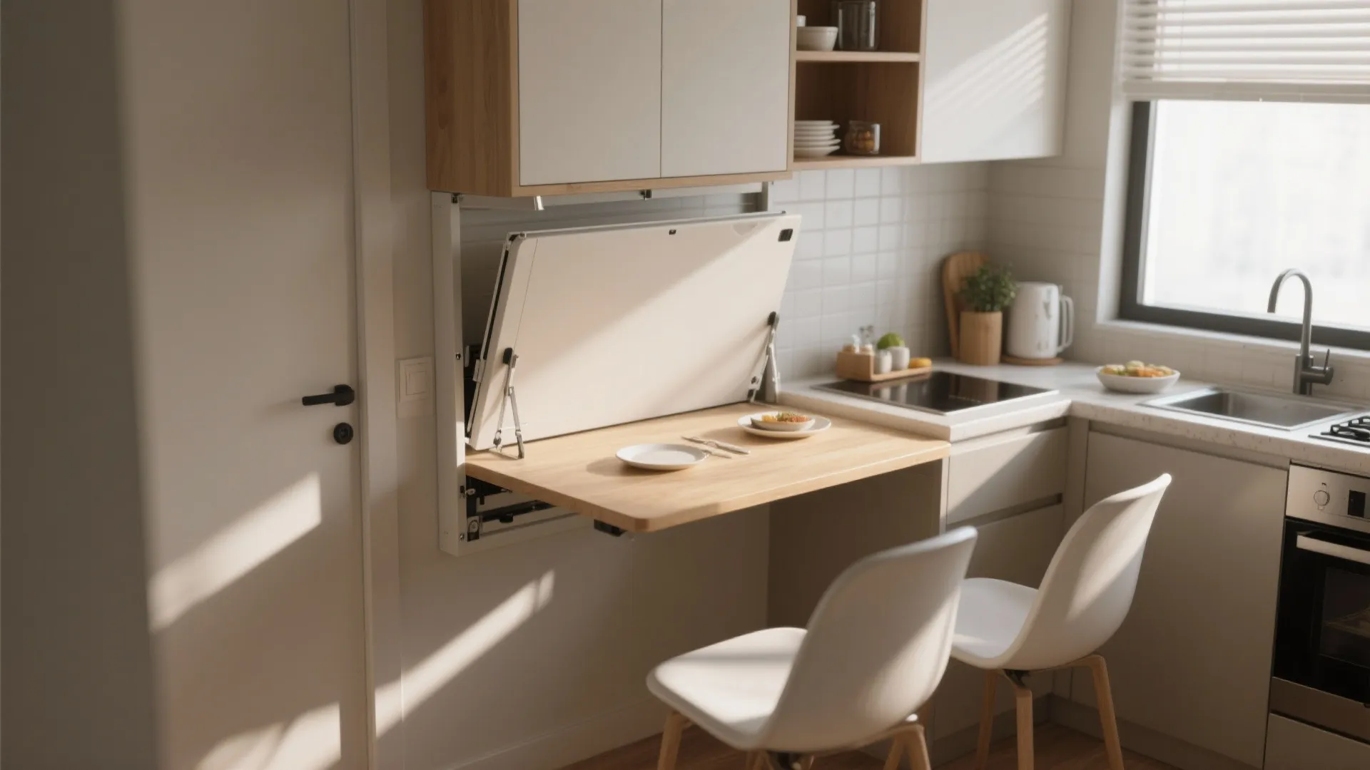 Modern white kitchen featuring a space saving fold down wooden dining table and two chairs