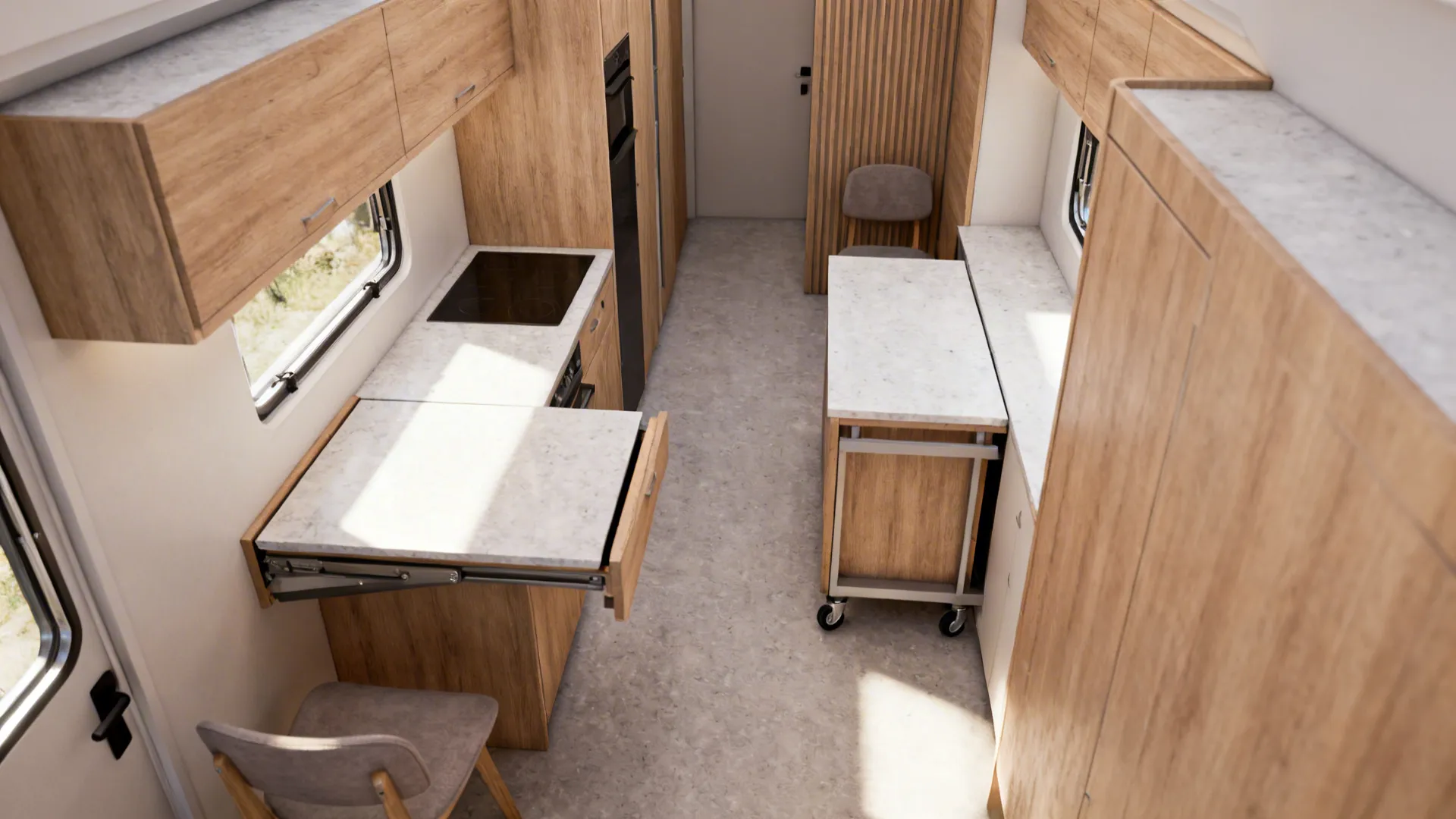 Top-down view of a fold-down table and a sliding island tucked in a narrow kitchen
