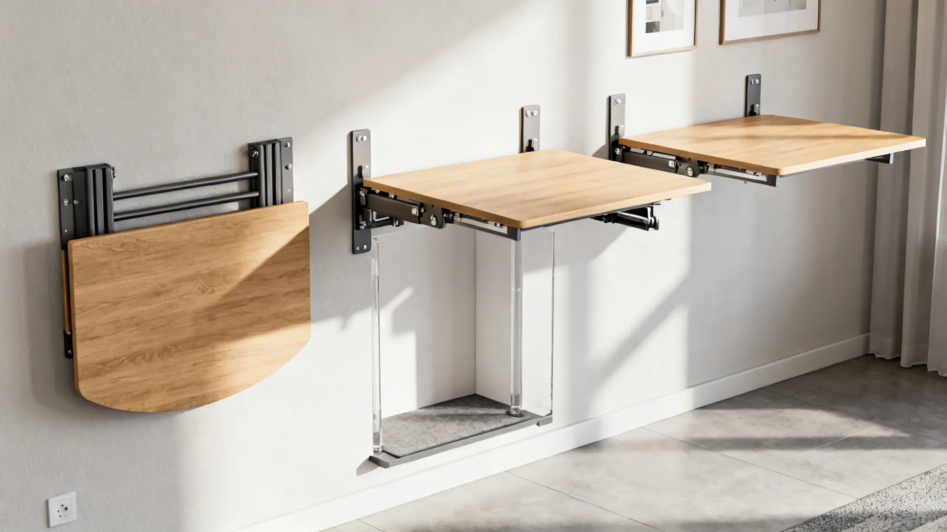 Three wall mounted folding tables showing the transition from folded down to fully extended positions