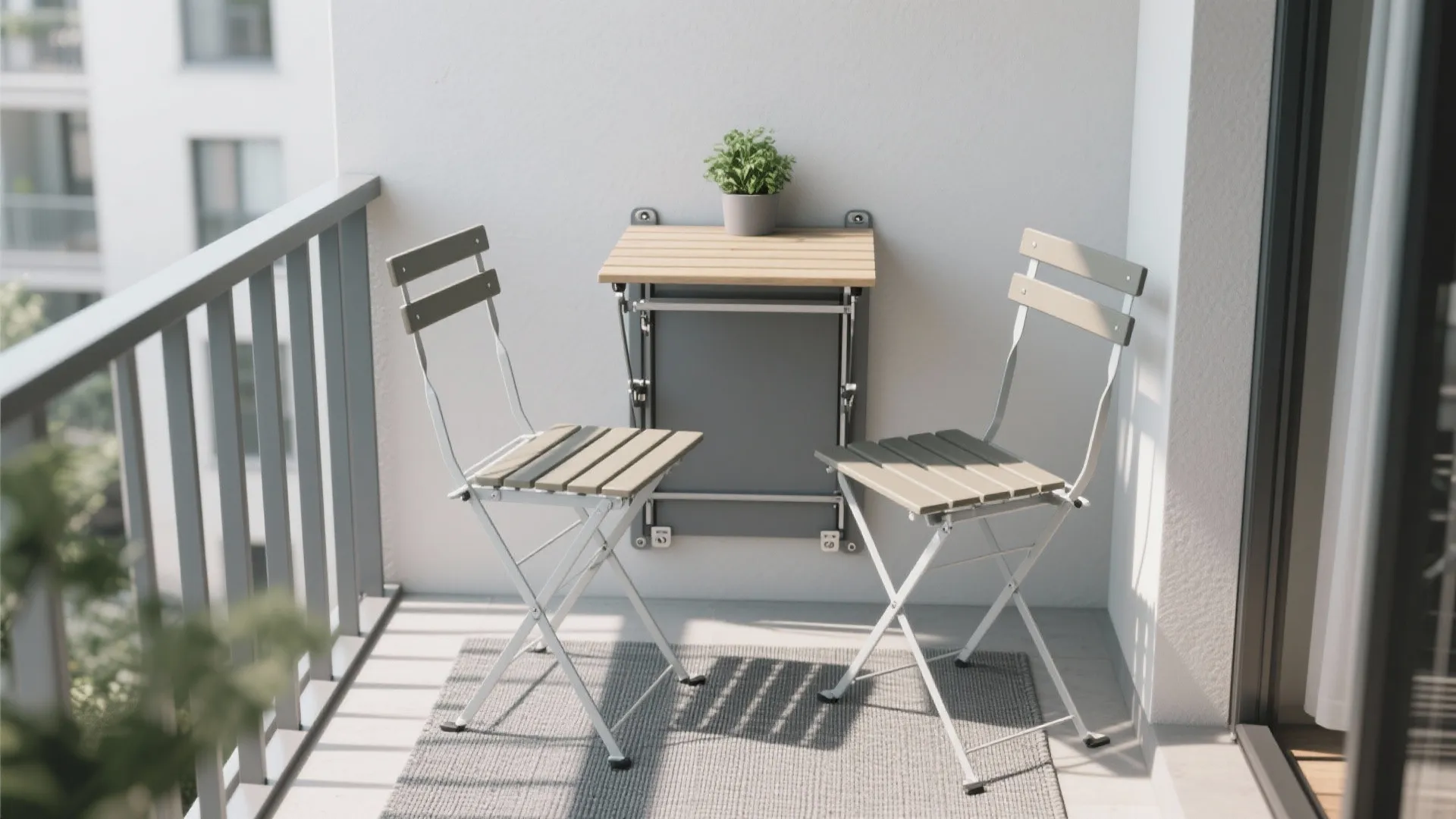 Top-down view of a fold-down wall table with two slim bistro chairs on a 1m-deep balcony.
