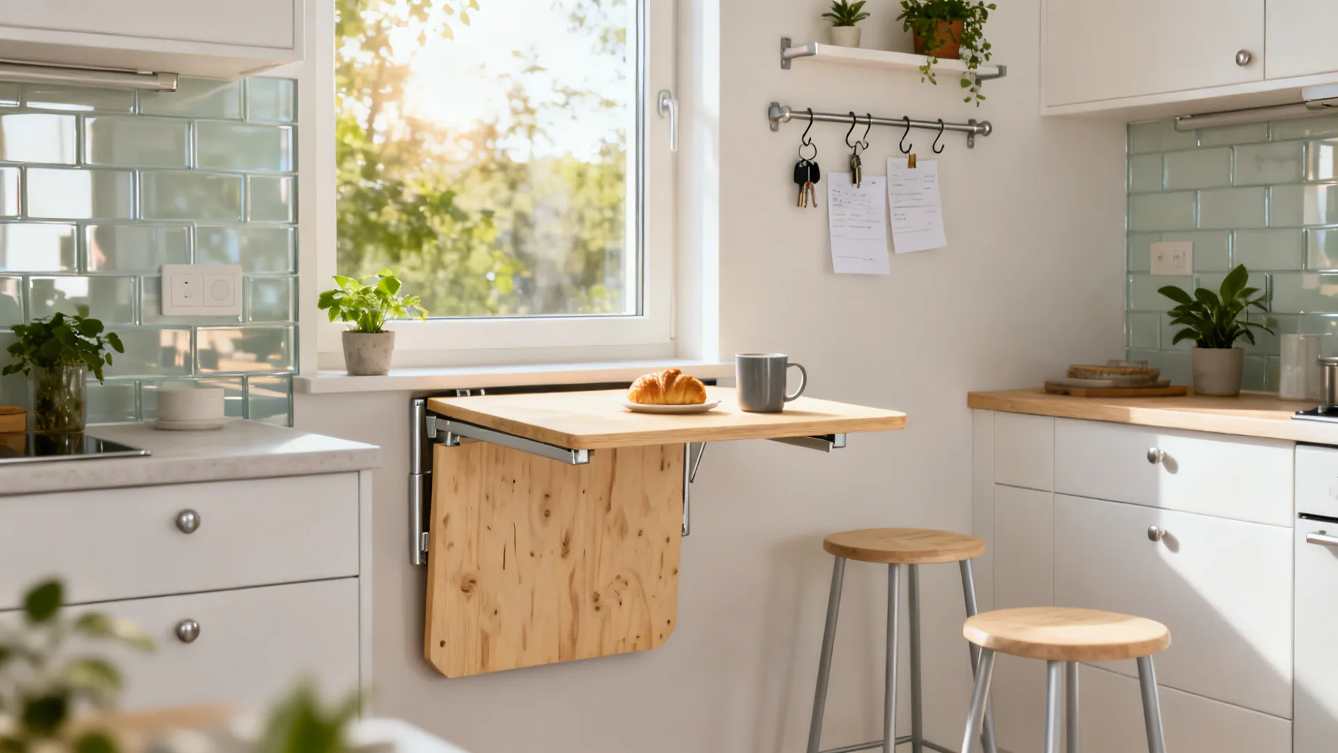 Birch fold-down wall table under a window with rails, hooks, and slim stools in a compact kitchen.