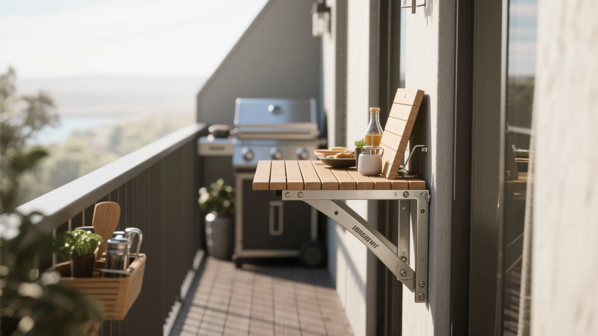 Space saving wooden fold down table mounted on a balcony wall near a grill station