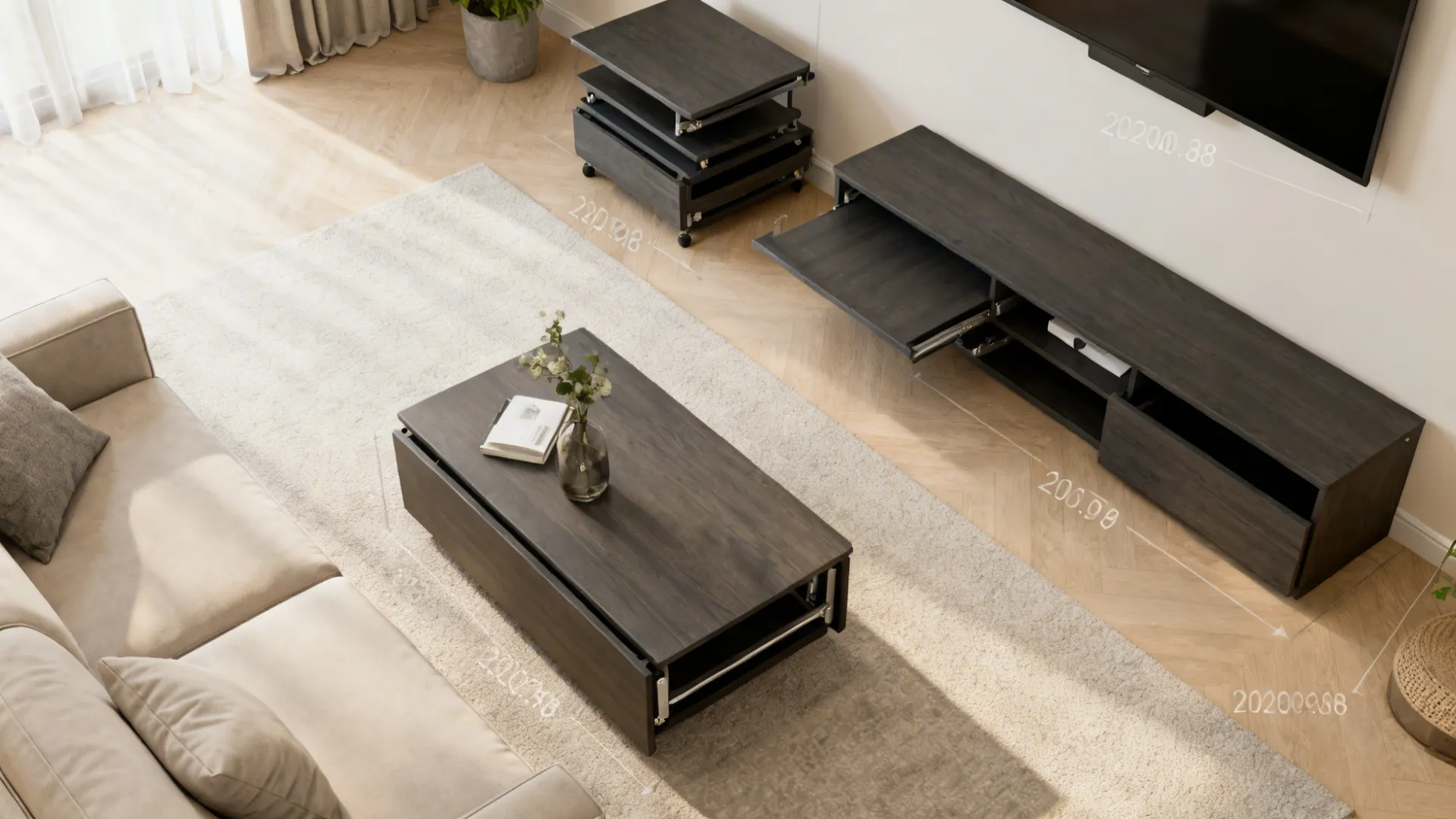 Modern living room with dark coffee table TV cabinet beige sofa rug and white dimension markings