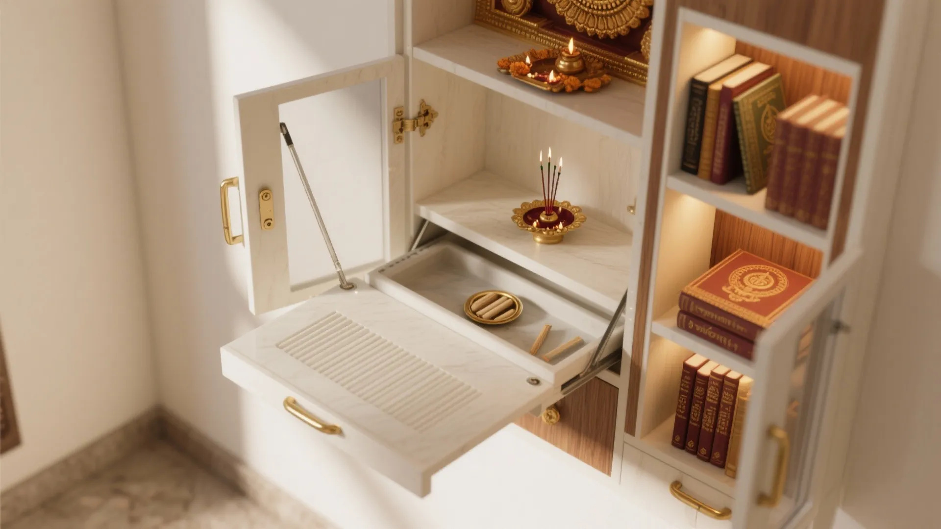 White marble cabinet with open fold down door showing inside shelves and small books storage