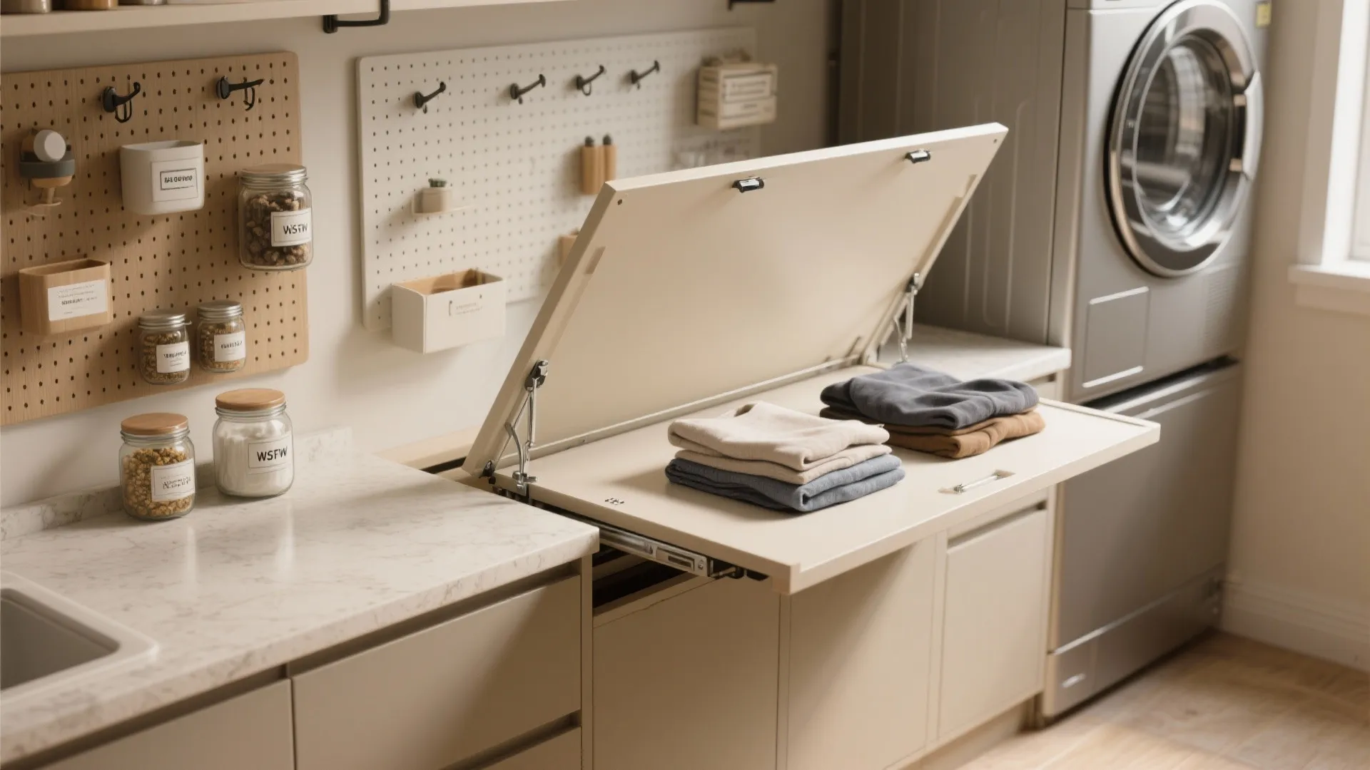 Laundry room cabinet featuring a fold down table for folding clothes near a washing machine