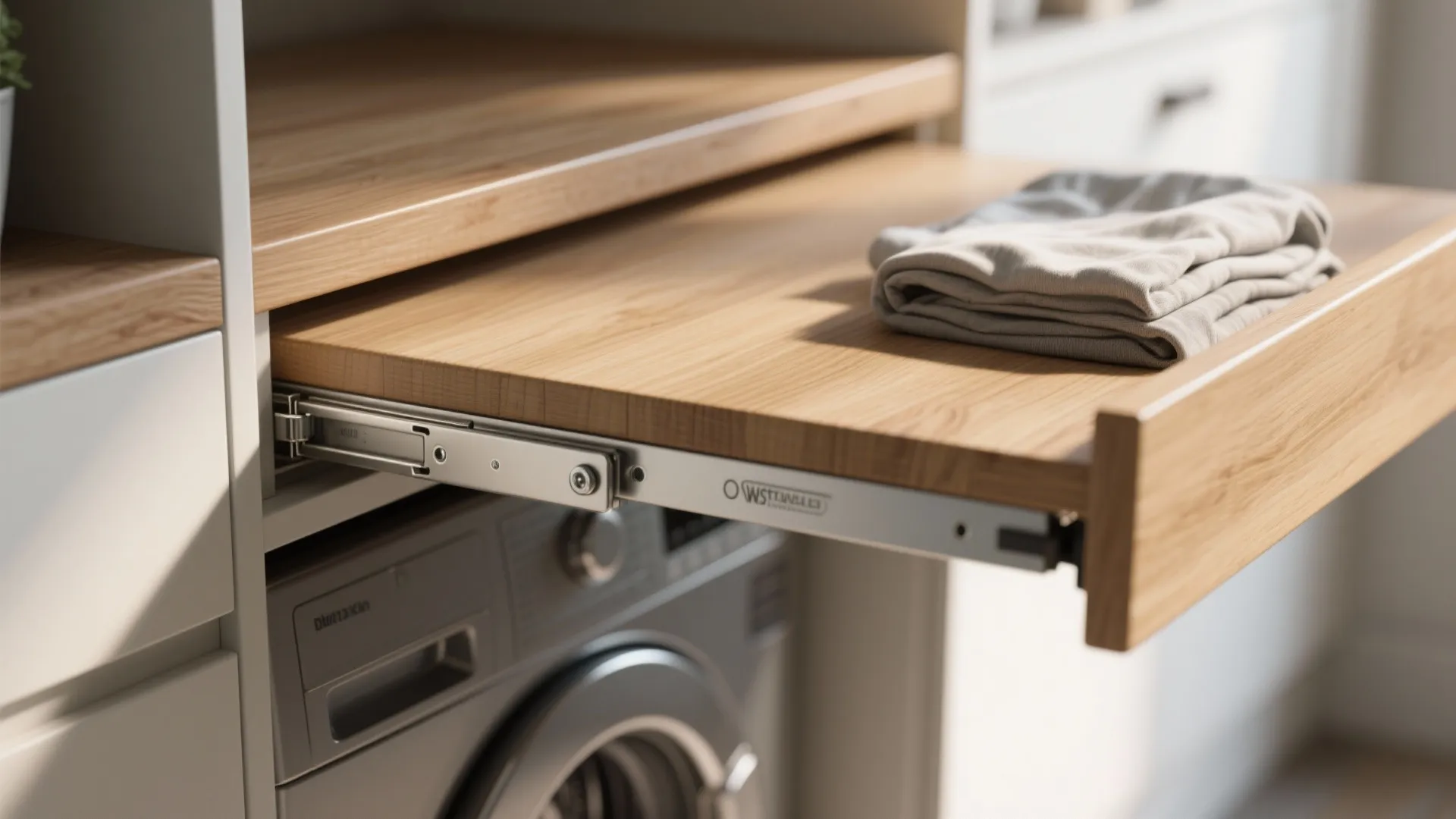 Pull out wooden shelf installed above a washing machine with folded laundry on the surface